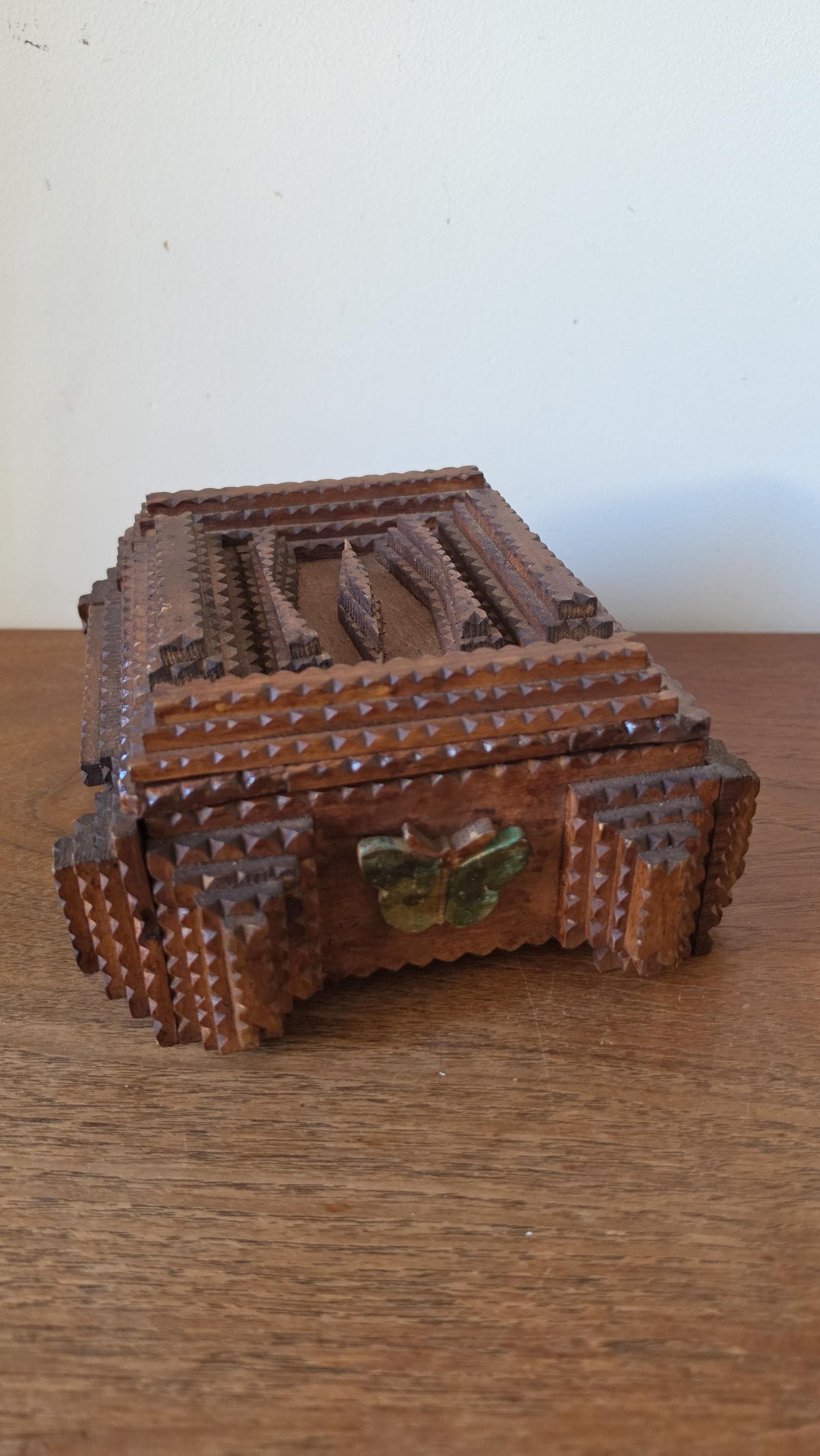 Vintage Tramp Art Wooden Box, Hand Carved Folk Art Jewelry Box, Layered Chip Carved Rustic Storage Box, Primitive Decor