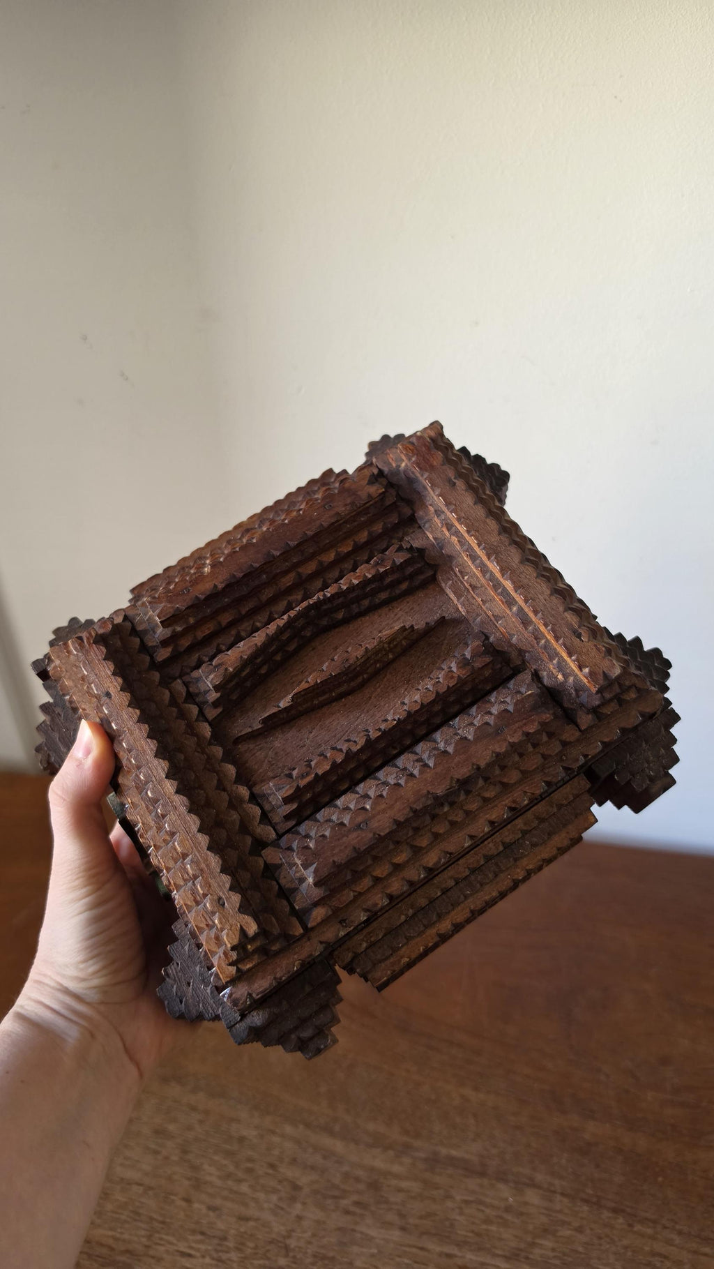 Vintage Tramp Art Wooden Box, Hand Carved Folk Art Jewelry Box, Layered Chip Carved Rustic Storage Box, Primitive Decor