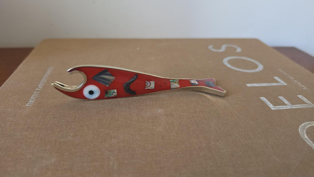 Vintage Mexican Abalone Inlay Bottle Opener, Red Fish Bar Tool, Alpaca Silver Souvenir, Mid Century Barware Decor