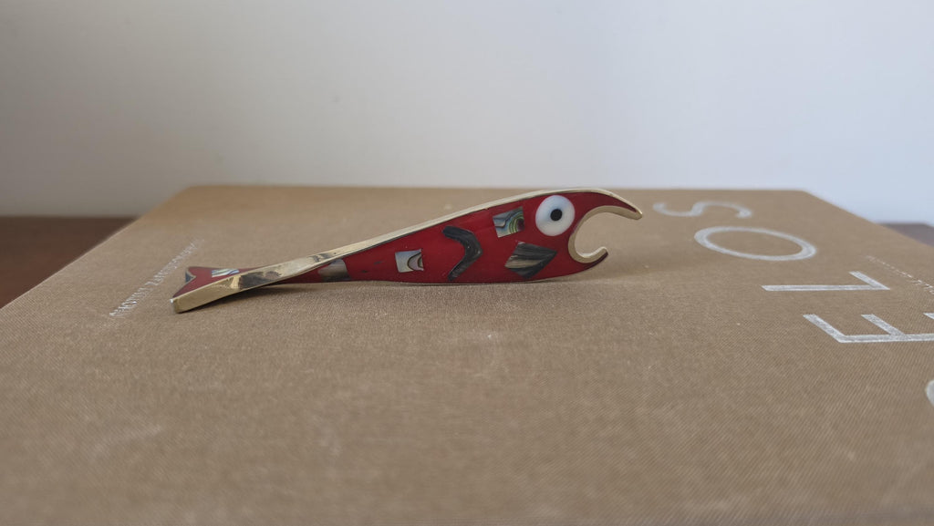 Vintage Mexican Abalone Inlay Bottle Opener, Red Fish Bar Tool, Alpaca Silver Souvenir, Mid Century Barware Decor