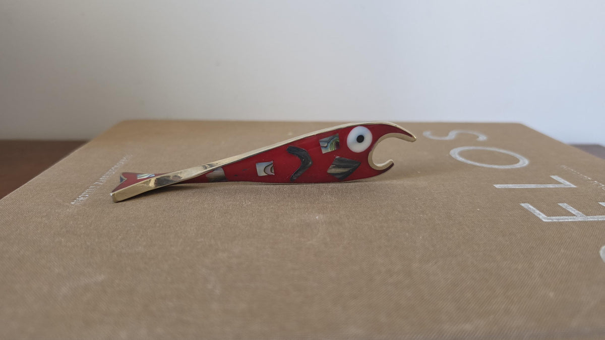 Vintage Mexican Abalone Inlay Bottle Opener, Red Fish Bar Tool, Alpaca Silver Souvenir, Mid Century Barware Decor
