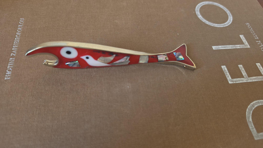 Vintage Mexican Abalone Inlay Bottle Opener, Red Fish Bar Tool, Alpaca Silver Souvenir, Mid Century Barware Decor