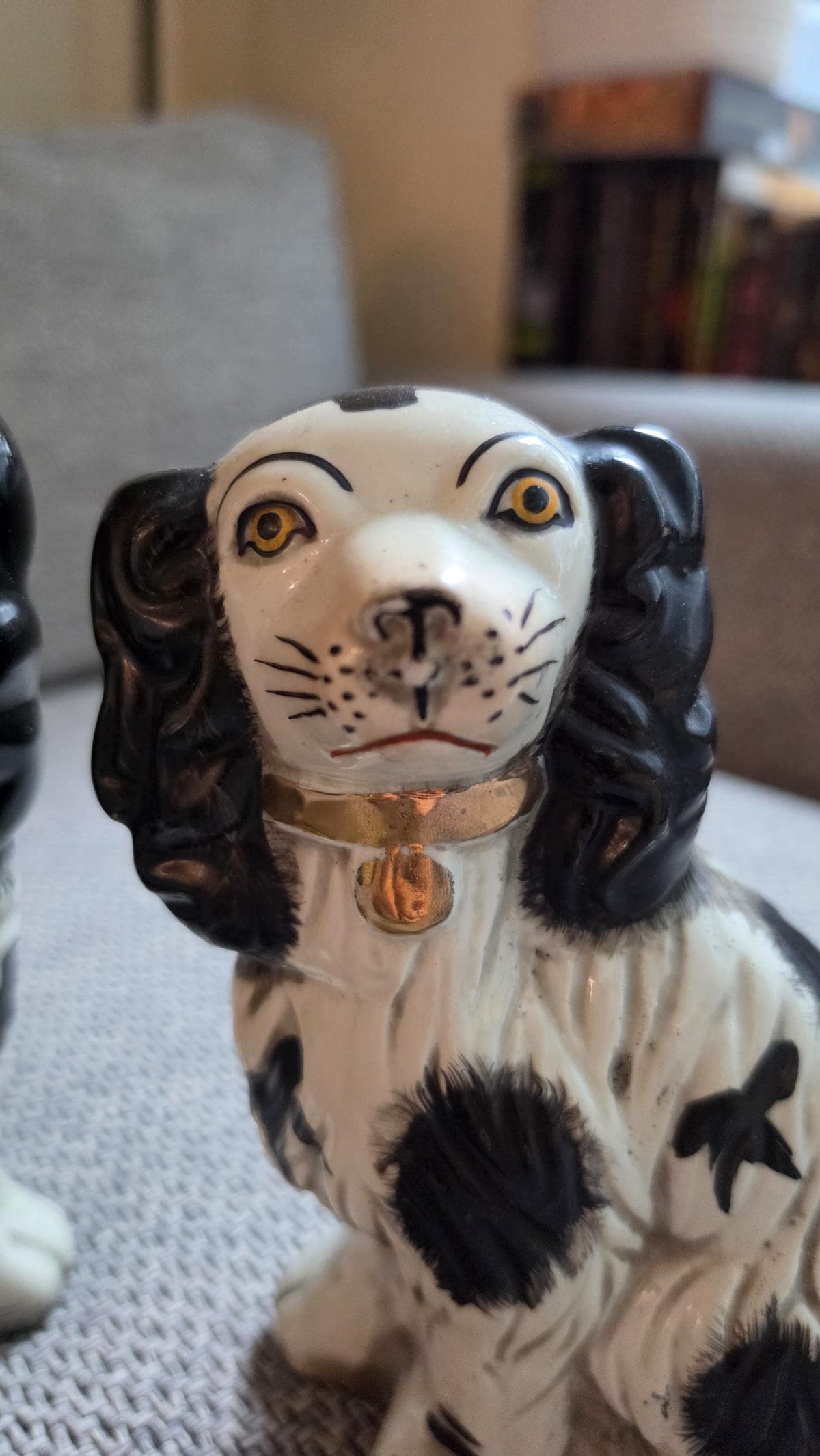 RARE Antique Staffordshire Spaniel Dogs Pair Hand Painted, Victorian Style Ceramic Dog Figurines Black White Mantel Decor