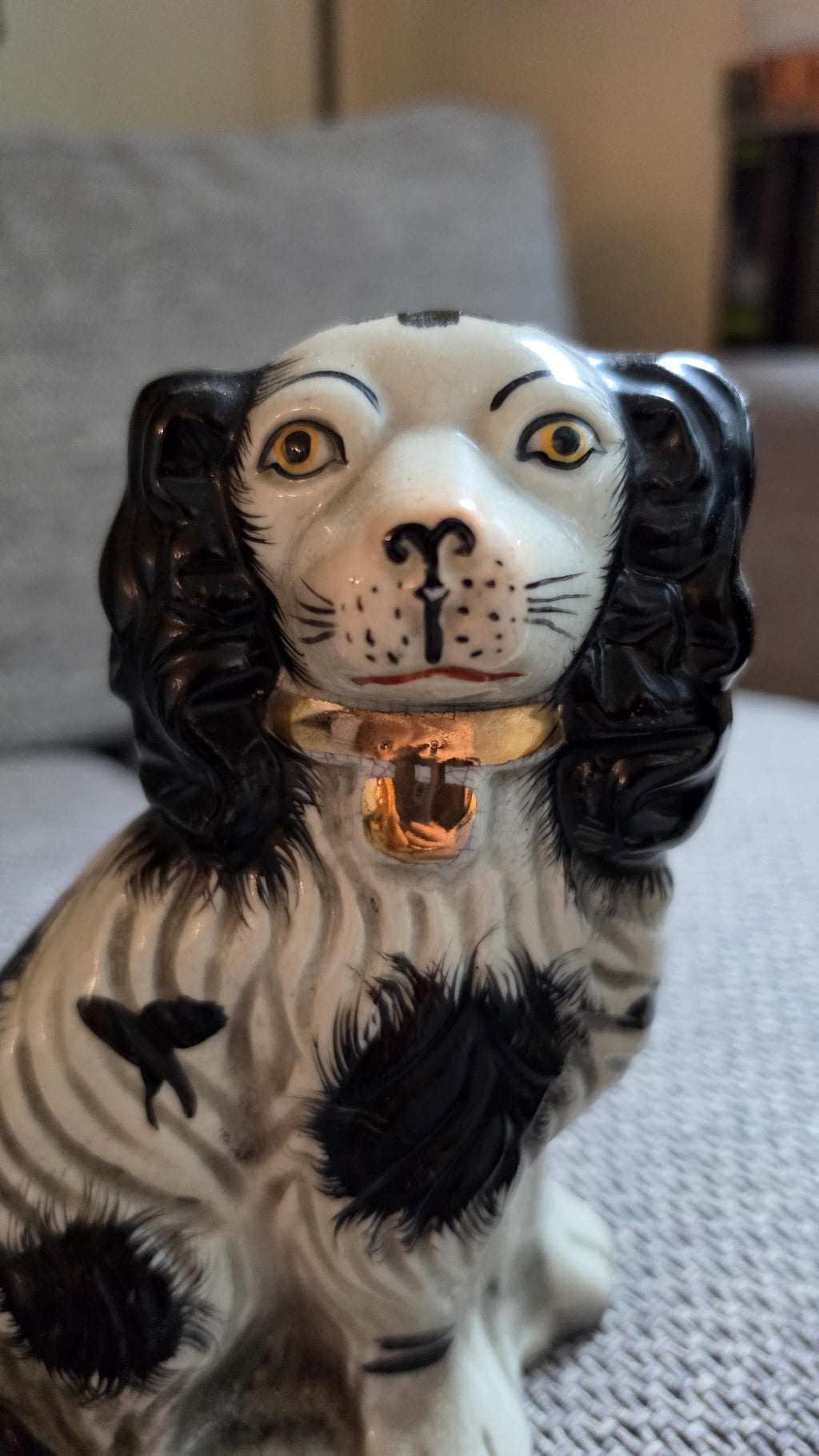 RARE Antique Staffordshire Spaniel Dogs Pair Hand Painted, Victorian Style Ceramic Dog Figurines Black White Mantel Decor