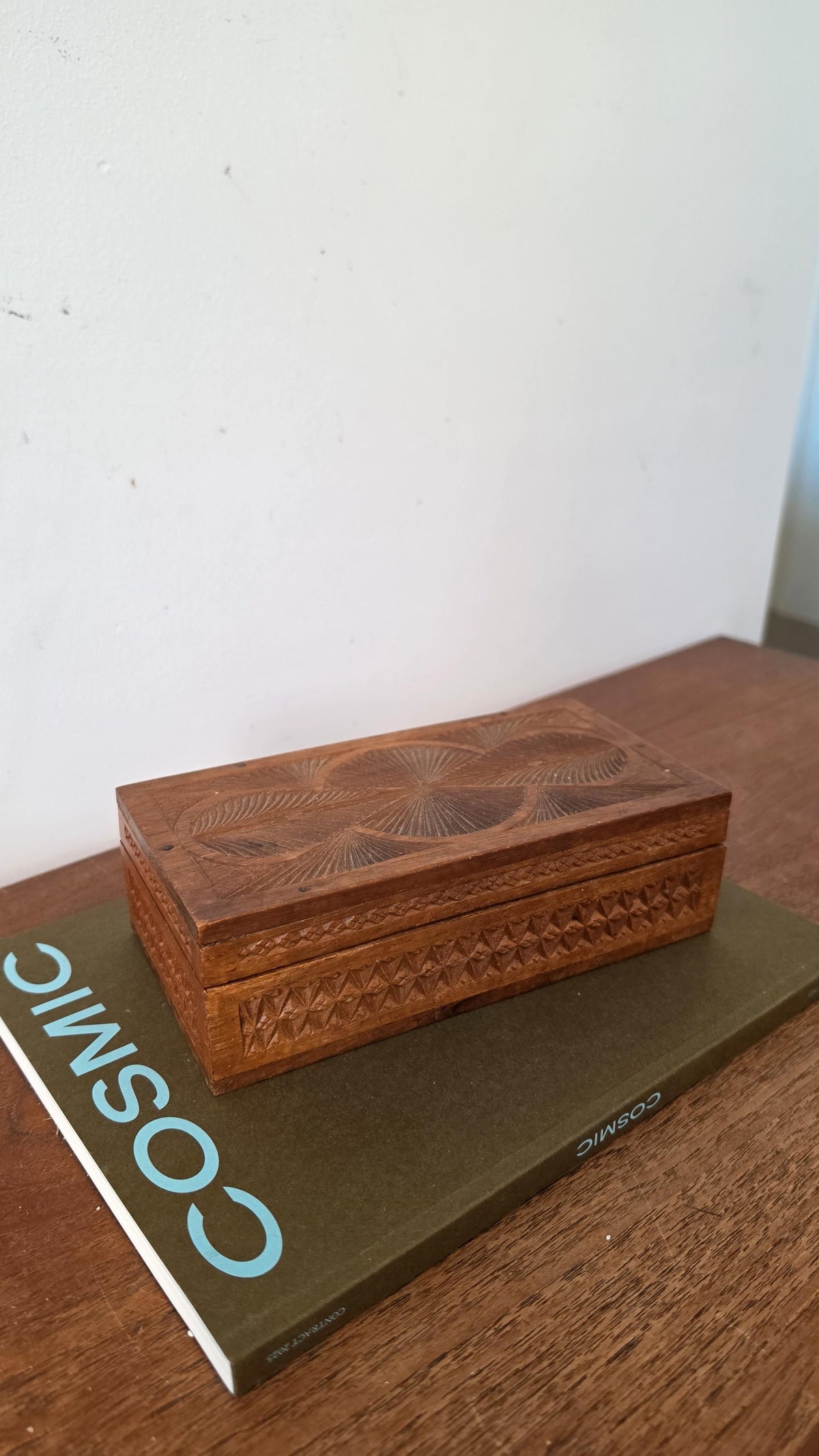 Antique Hand Carved Wooden Box with Compartments, Vintage Tea Box Organizer, Folk Art Wood Storage, Rustic Jewelry Trinket Box