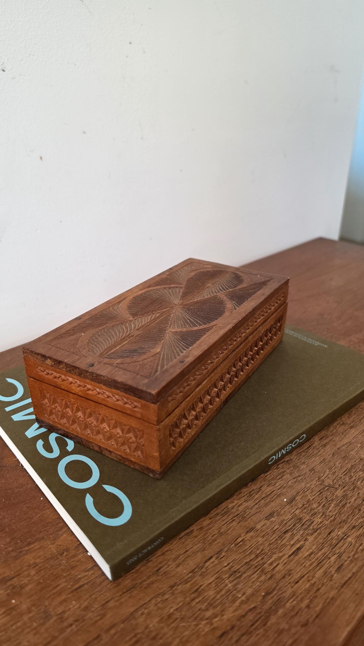 Antique Hand Carved Wooden Box with Compartments, Vintage Tea Box Organizer, Folk Art Wood Storage, Rustic Jewelry Trinket Box