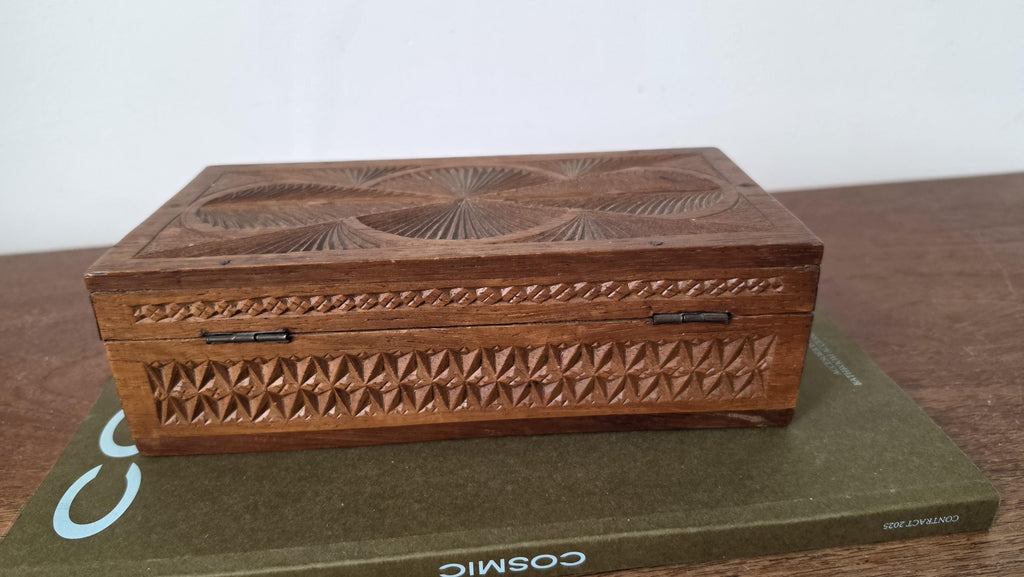 Antique Hand Carved Wooden Box with Compartments, Vintage Tea Box Organizer, Folk Art Wood Storage, Rustic Jewelry Trinket Box