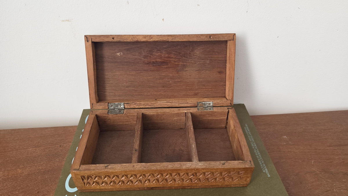 Antique Hand Carved Wooden Box with Compartments, Vintage Tea Box Organizer, Folk Art Wood Storage, Rustic Jewelry Trinket Box