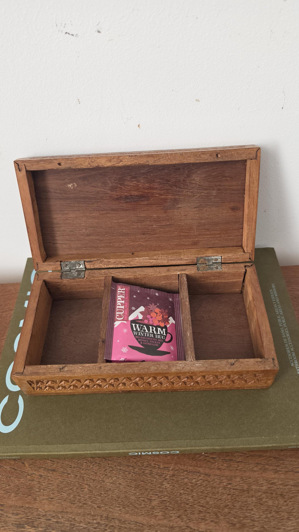 Antique Hand Carved Wooden Box with Compartments, Vintage Tea Box Organizer, Folk Art Wood Storage, Rustic Jewelry Trinket Box