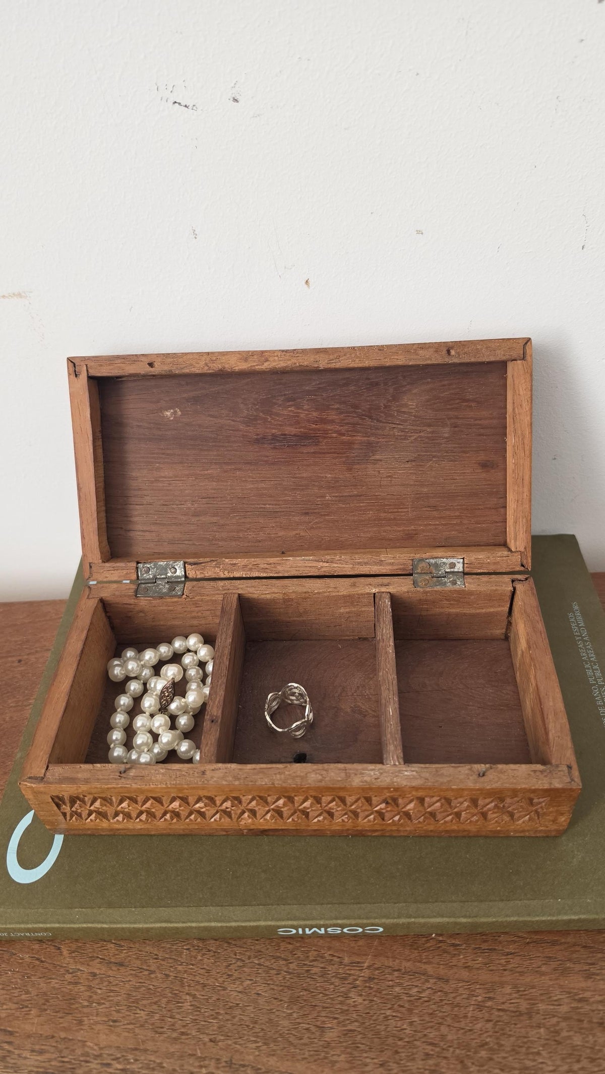 Antique Hand Carved Wooden Box with Compartments, Vintage Tea Box Organizer, Folk Art Wood Storage, Rustic Jewelry Trinket Box