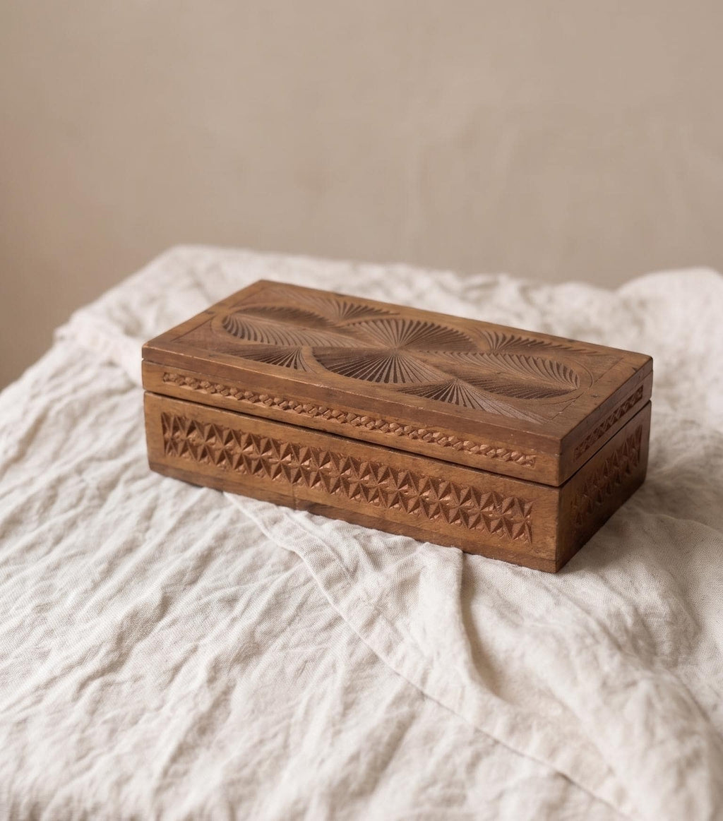 Antique Hand Carved Wooden Box with Compartments
