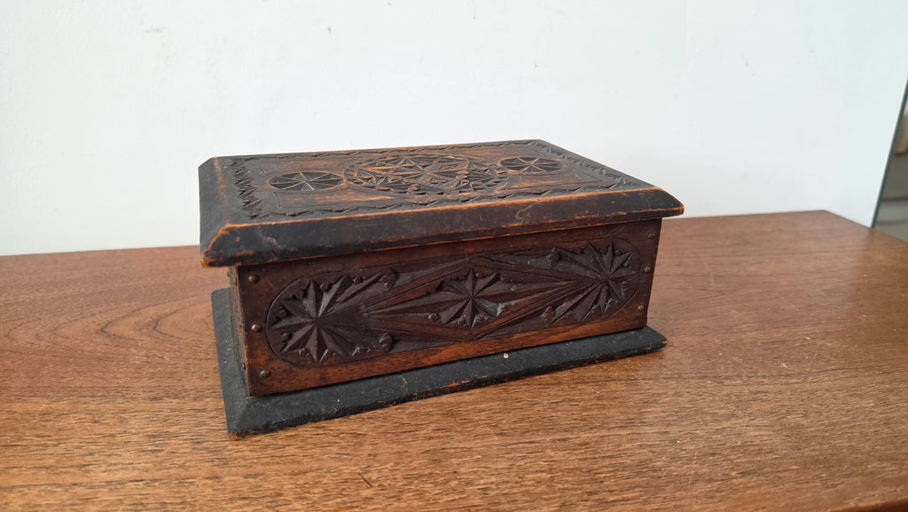 Antique Hand Carved Wooden Box, Folk Art Jewelry Box, Tramp Art Style Storage, Rustic Keepsake Chest, Black Forest Style Decor
