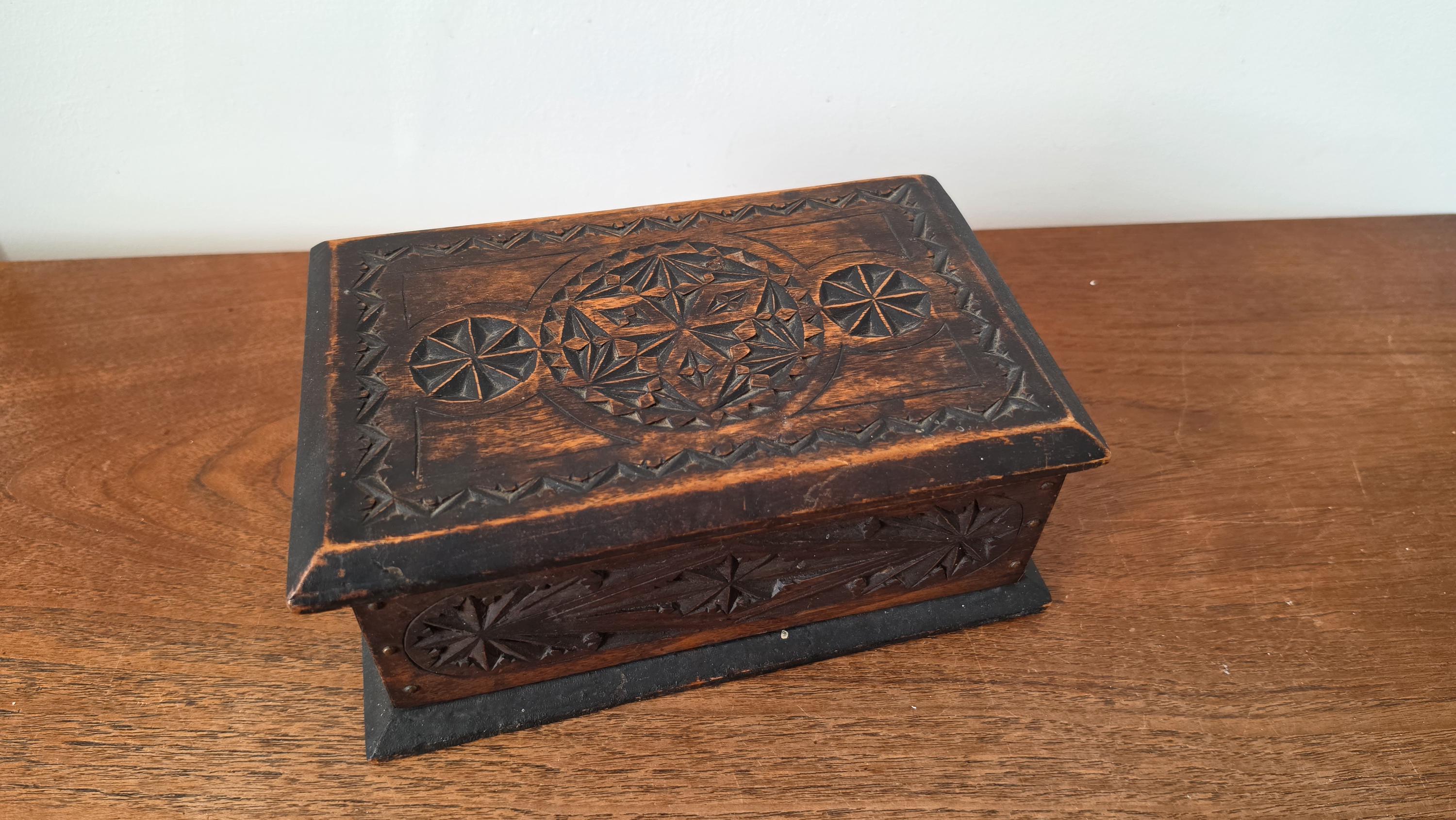 Antique Hand Carved Wooden Box, Folk Art Jewelry Box, Tramp Art Style Storage, Rustic Keepsake Chest, Black Forest Style Decor