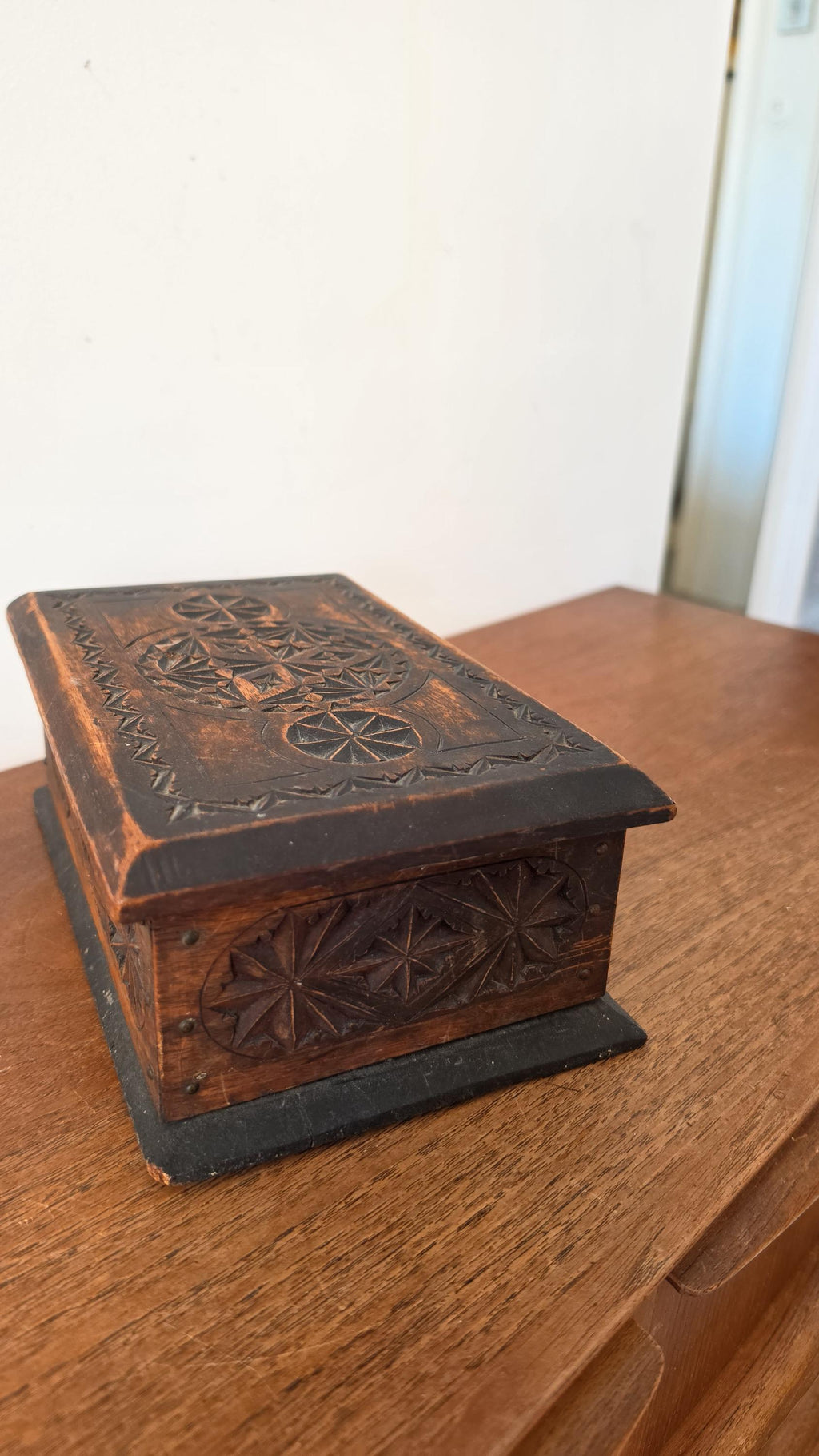 Antique Hand Carved Wooden Box, Folk Art Jewelry Box, Tramp Art Style Storage, Rustic Keepsake Chest, Black Forest Style Decor