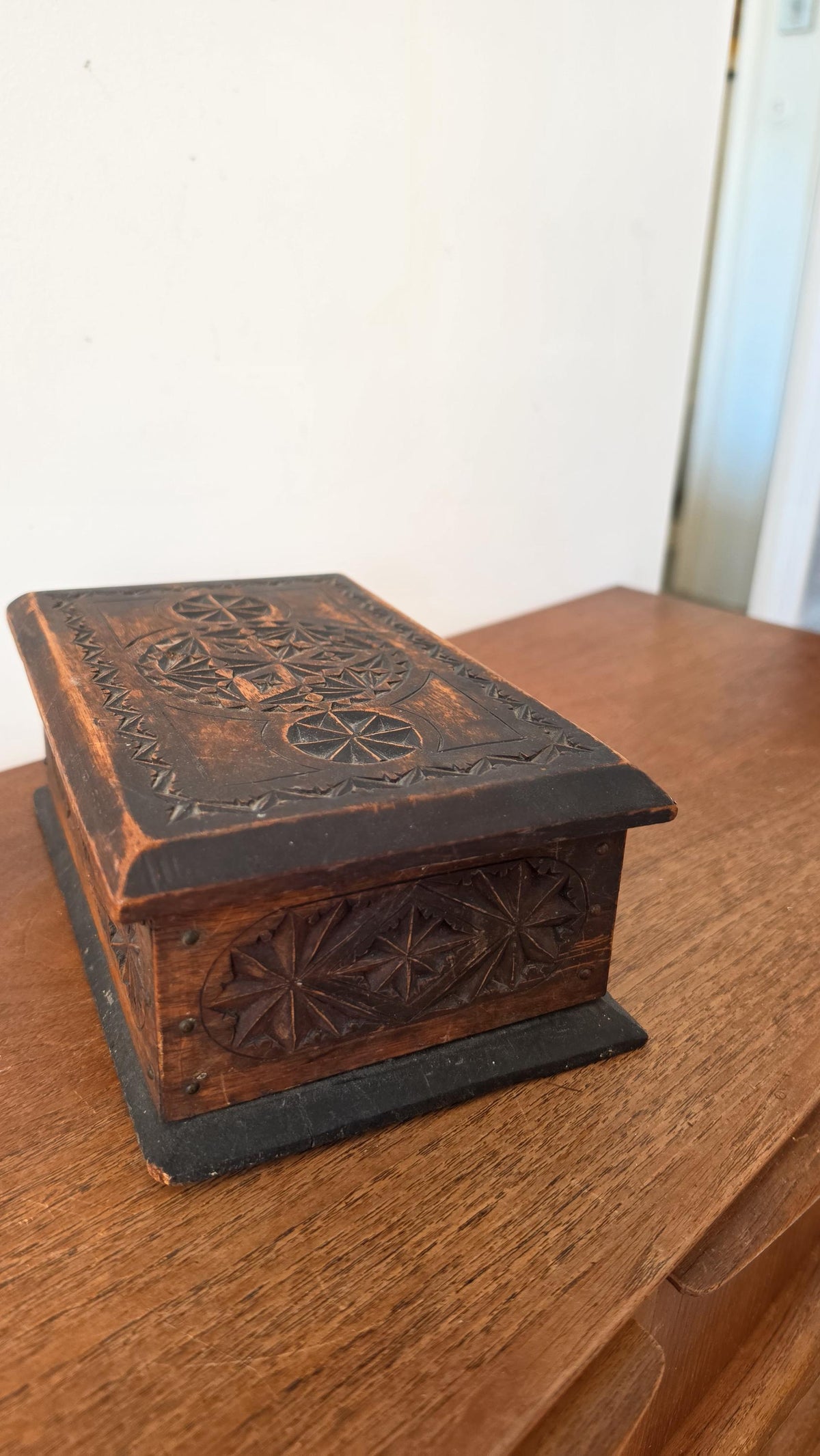 Antique Hand Carved Wooden Box, Folk Art Jewelry Box, Tramp Art Style Storage, Rustic Keepsake Chest, Black Forest Style Decor