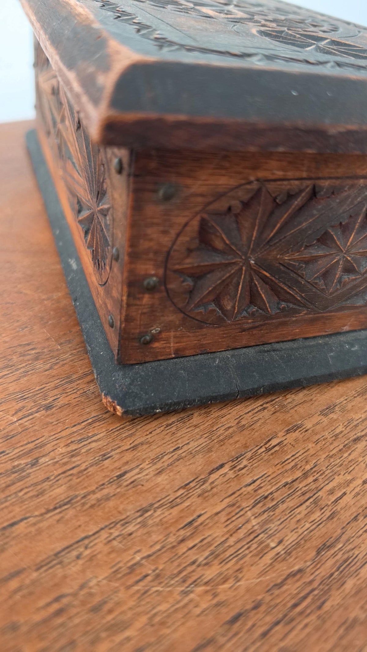 Antique Hand Carved Wooden Box, Folk Art Jewelry Box, Tramp Art Style Storage, Rustic Keepsake Chest, Black Forest Style Decor