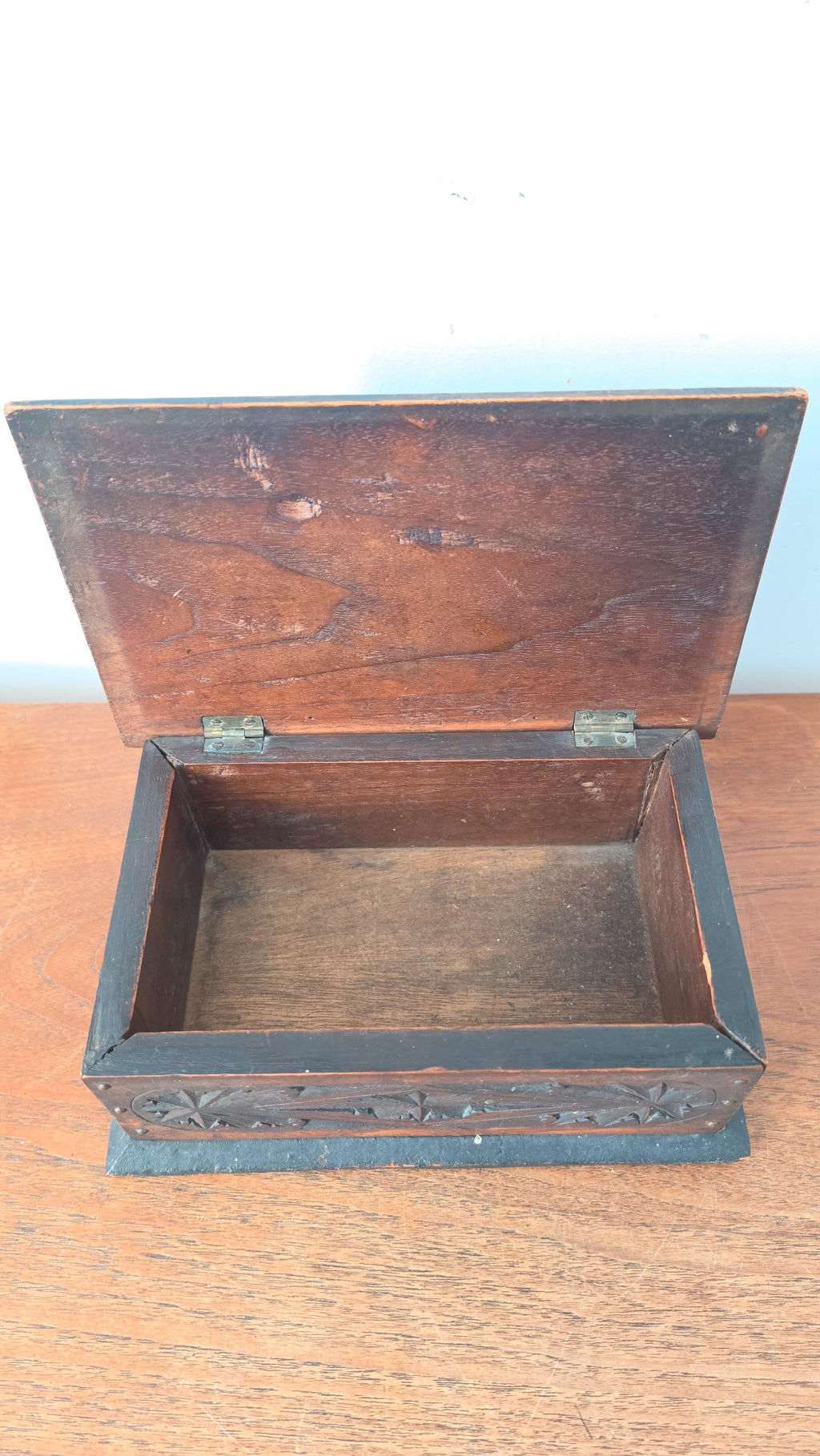 Antique Hand Carved Wooden Box, Folk Art Jewelry Box, Tramp Art Style Storage, Rustic Keepsake Chest, Black Forest Style Decor