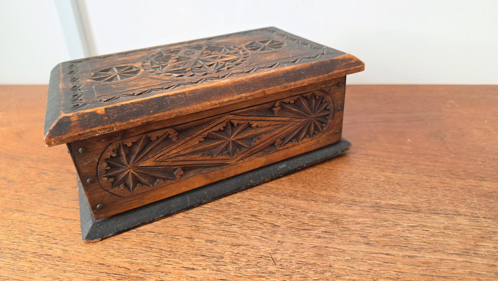 Antique Hand Carved Wooden Box, Folk Art Jewelry Box, Tramp Art Style Storage, Rustic Keepsake Chest, Black Forest Style Decor