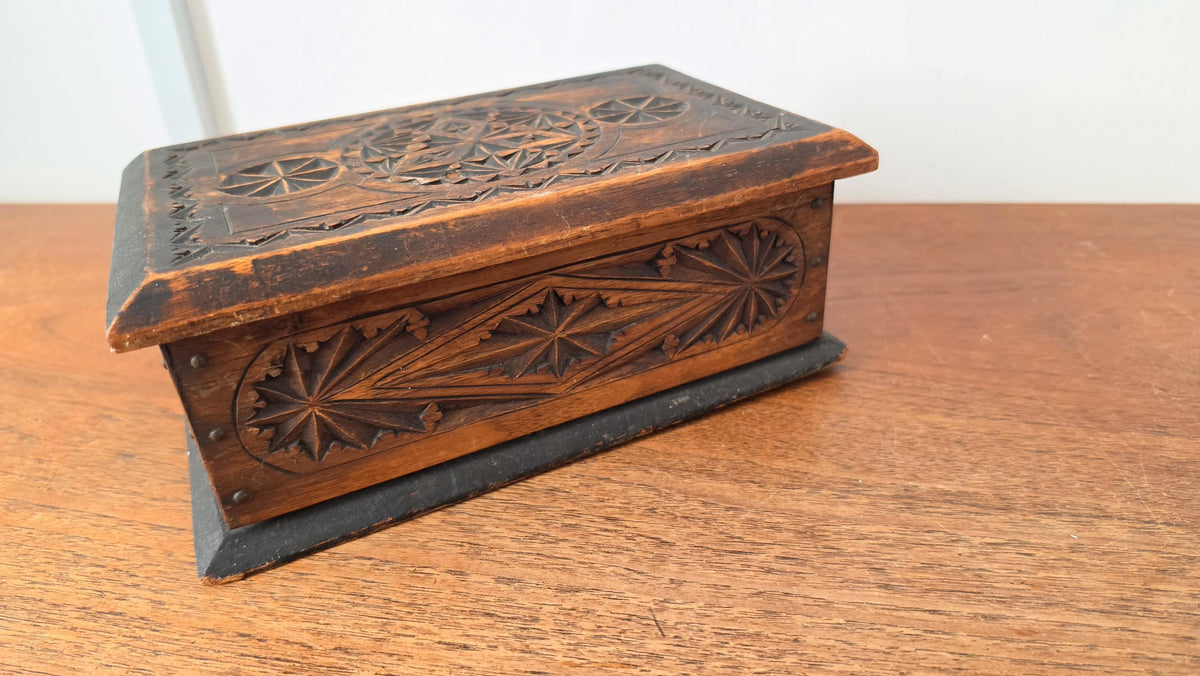 Antique Hand Carved Wooden Box, Folk Art Jewelry Box, Tramp Art Style Storage, Rustic Keepsake Chest, Black Forest Style Decor