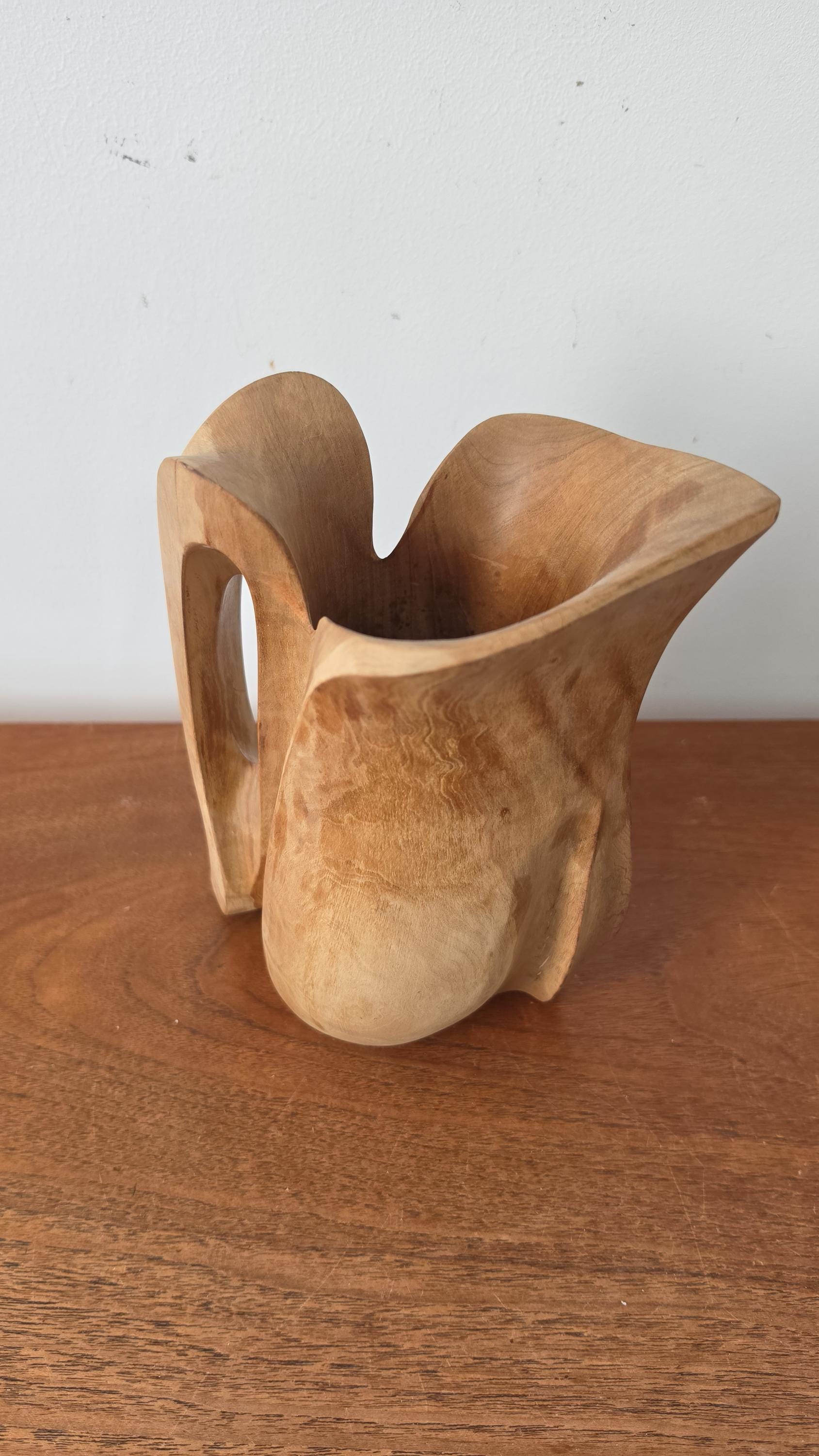 Vintage Hand Carved Wooden Pitcher Vase, Organic Modern Wood Vessel, Wabi Sabi Decor, Sculptural Wood Jug, Rustic Minimalist Home Decor