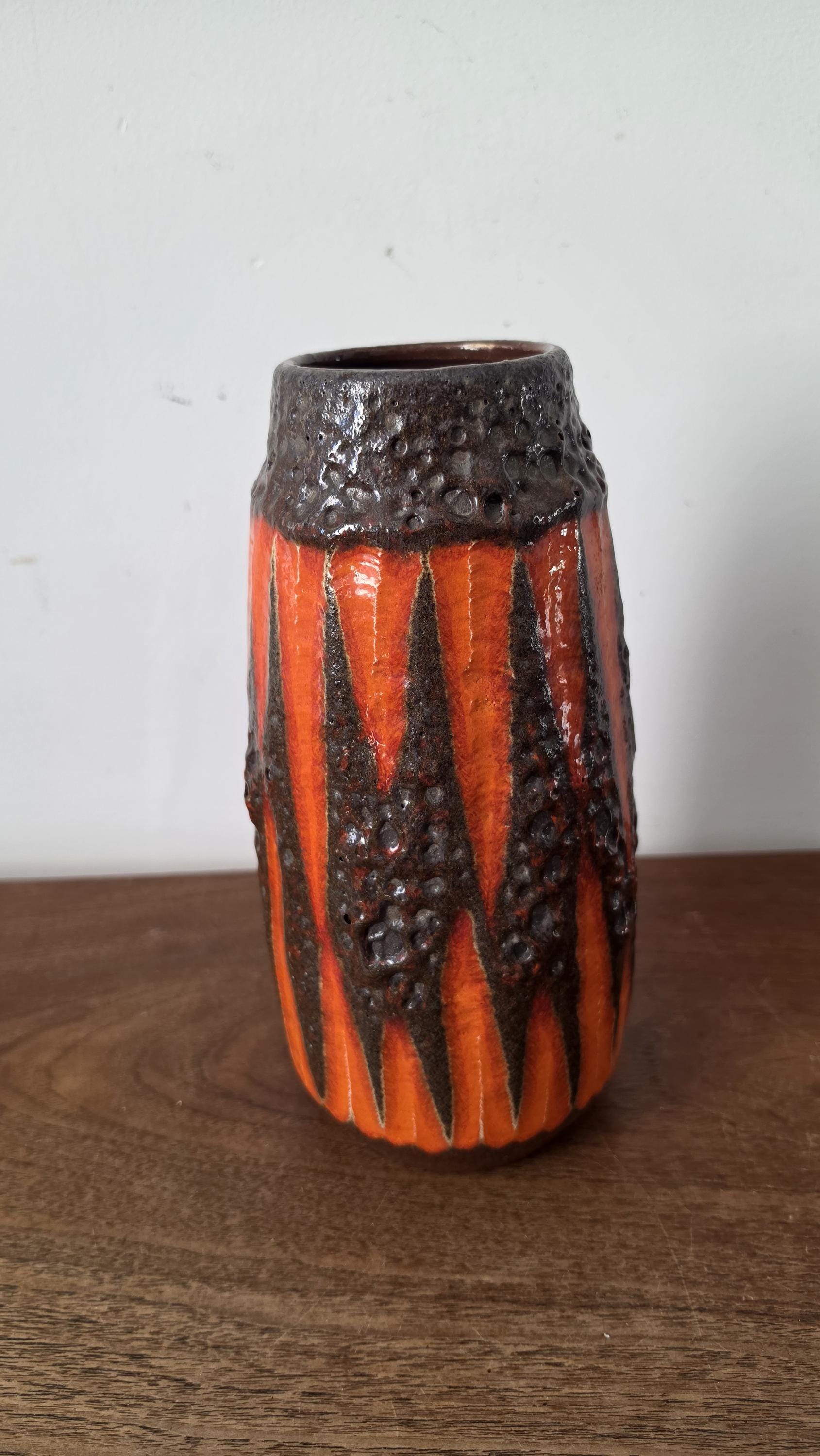 Vintage West German Pottery Vase, Lava Glaze Ceramic, Fat Lava Vase Orange Black, Mid Century Modern Decor, Scheurich Style Vase