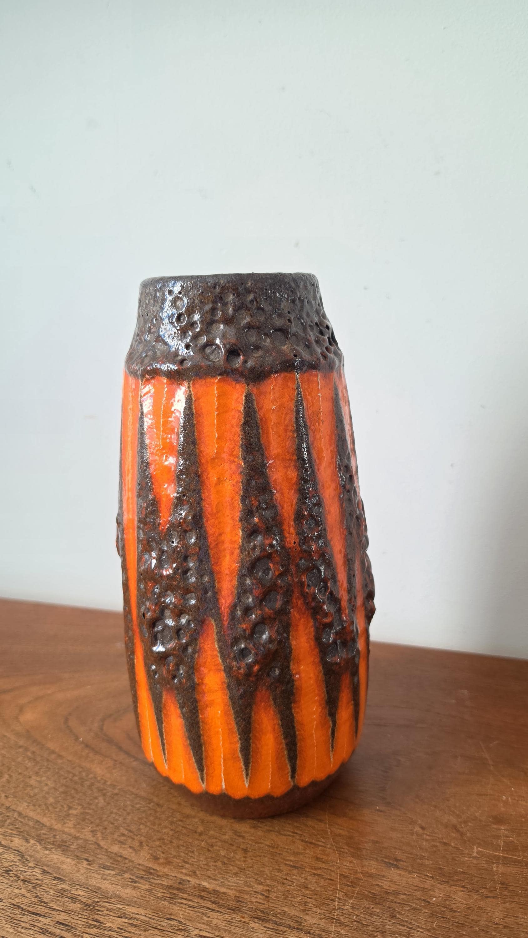 Vintage West German Pottery Vase, Lava Glaze Ceramic, Fat Lava Vase Orange Black, Mid Century Modern Decor, Scheurich Style Vase