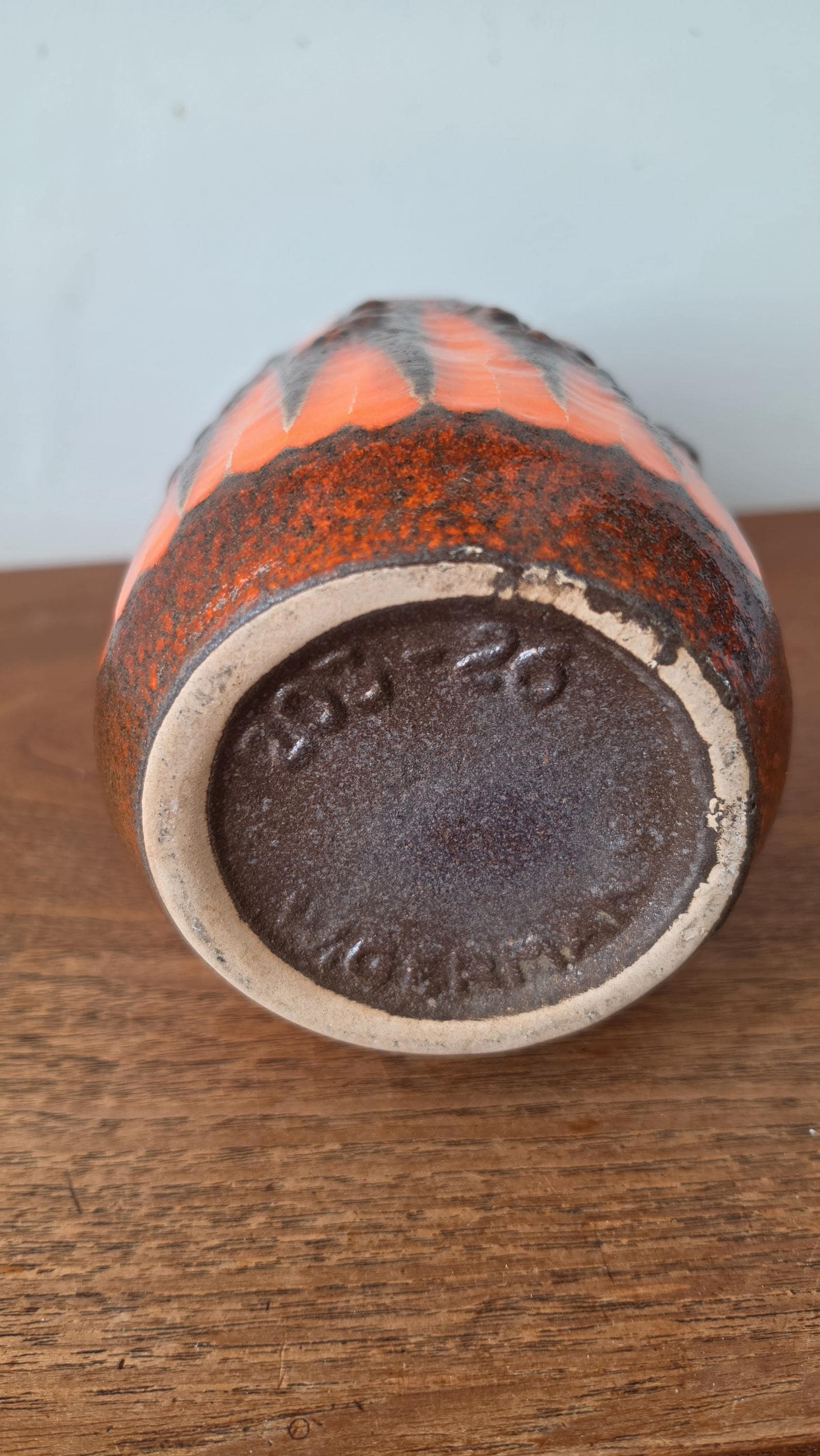 Vintage West German Pottery Vase, Lava Glaze Ceramic, Fat Lava Vase Orange Black, Mid Century Modern Decor, Scheurich Style Vase