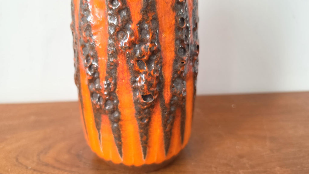Vintage West German Pottery Vase, Lava Glaze Ceramic, Fat Lava Vase Orange Black, Mid Century Modern Decor, Scheurich Style Vase