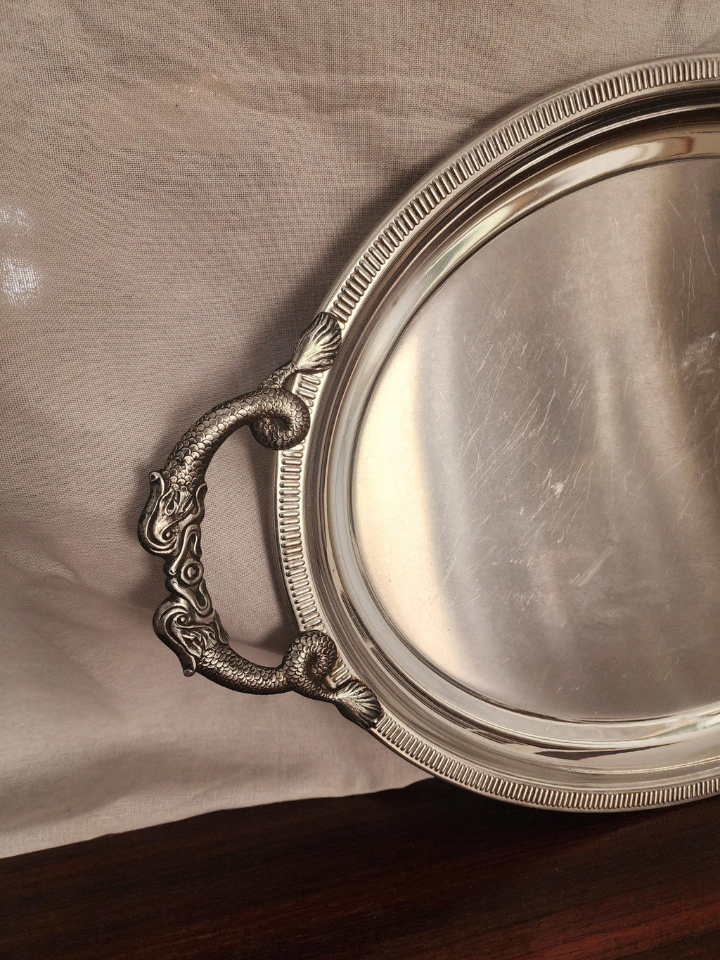 Jean Couzon Silverplate Serving Tray Fish Handles, Vintage French Oval Tray, Large Barware Tray, Mid Century Coastal Decor