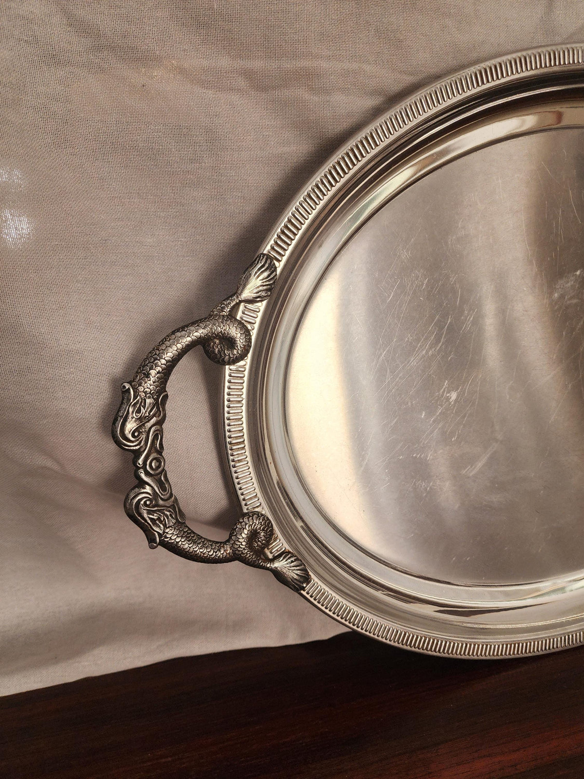 Jean Couzon Silverplate Serving Tray Fish Handles, Vintage French Oval Tray, Large Barware Tray, Mid Century Coastal Decor