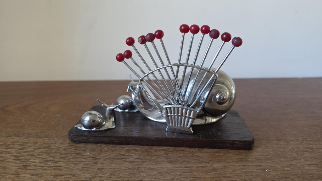 Vintage Snail Cocktail Pick Holder Mid Century Barware Chrome Snail Toothpick Holder Atomic Era Martini Olive Picks