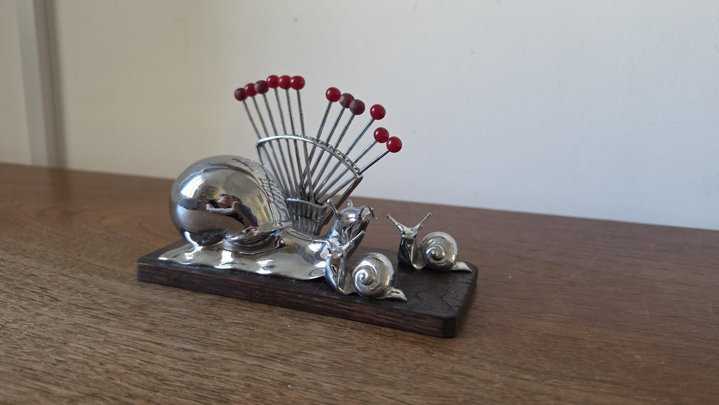 Vintage Snail Cocktail Pick Holder Mid Century Barware Chrome Snail Toothpick Holder Atomic Era Martini Olive Picks
