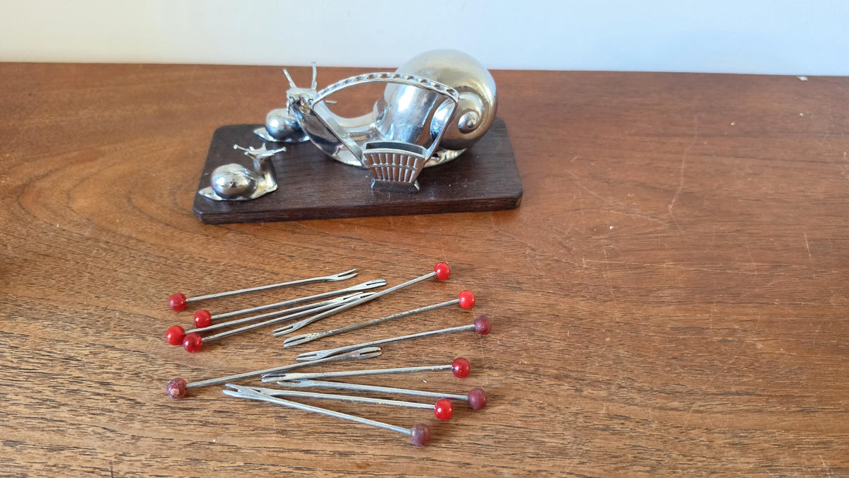 Vintage Snail Cocktail Pick Holder Mid Century Barware Chrome Snail Toothpick Holder Atomic Era Martini Olive Picks