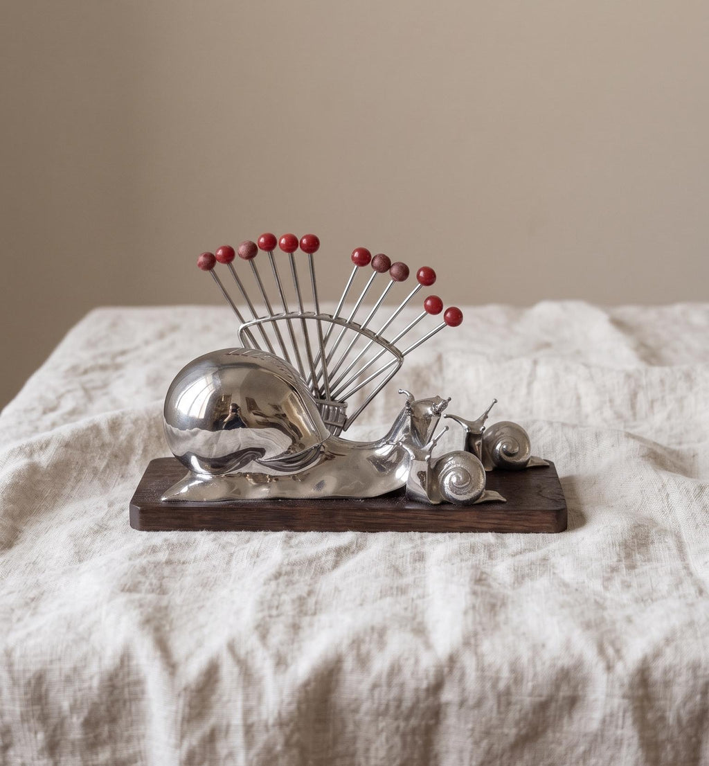 Vintage Snail Cocktail Pick Holder Mid Century Barware Chrome Snail Toothpick Holder Atomic Era Martini Olive Picks