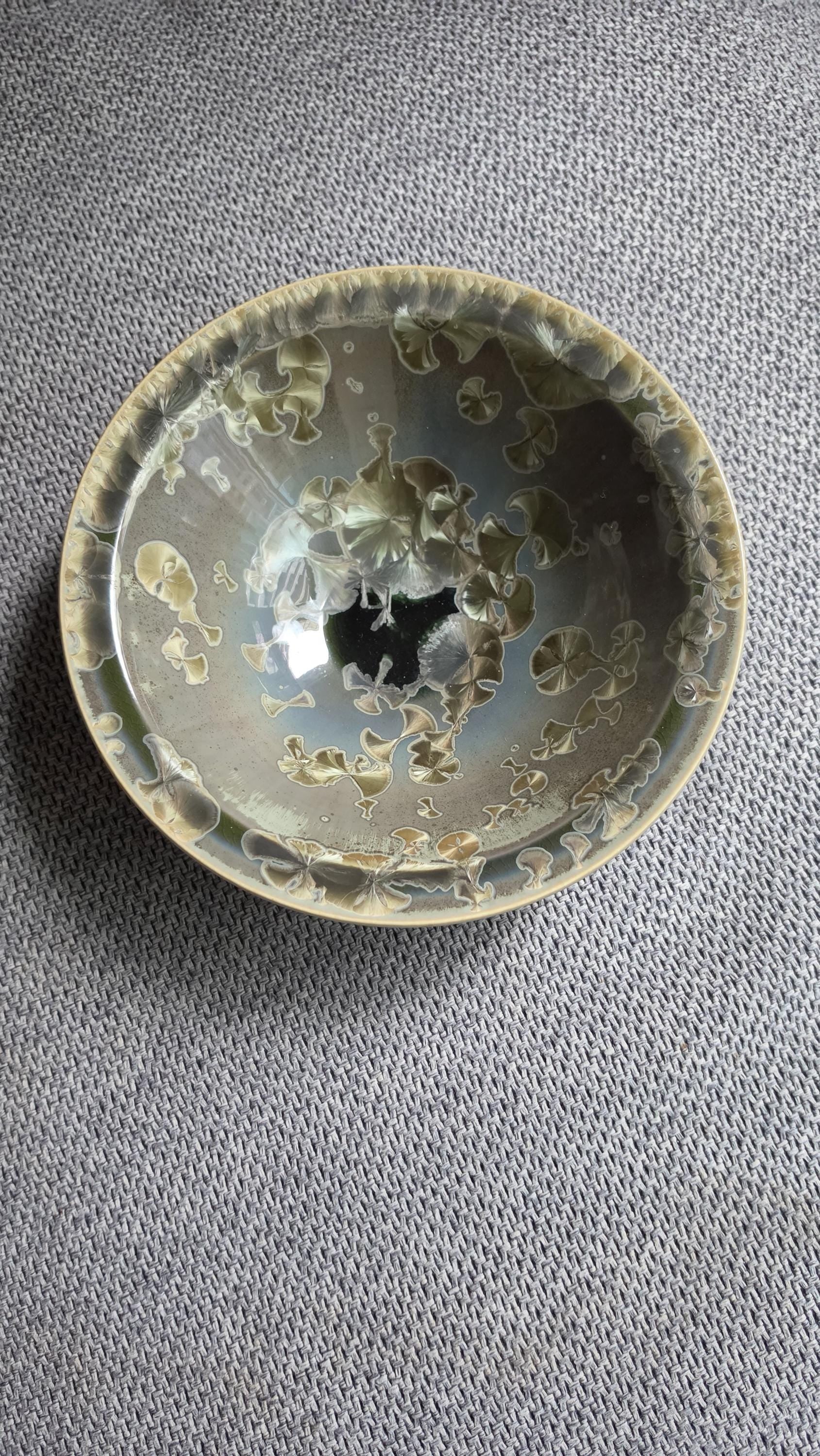 Vintage Crystalline Glaze Studio Pottery Bowl Signed Artist Dish, Mid Century Ceramic Art Bowl Green Drip Glaze Decorative Piece