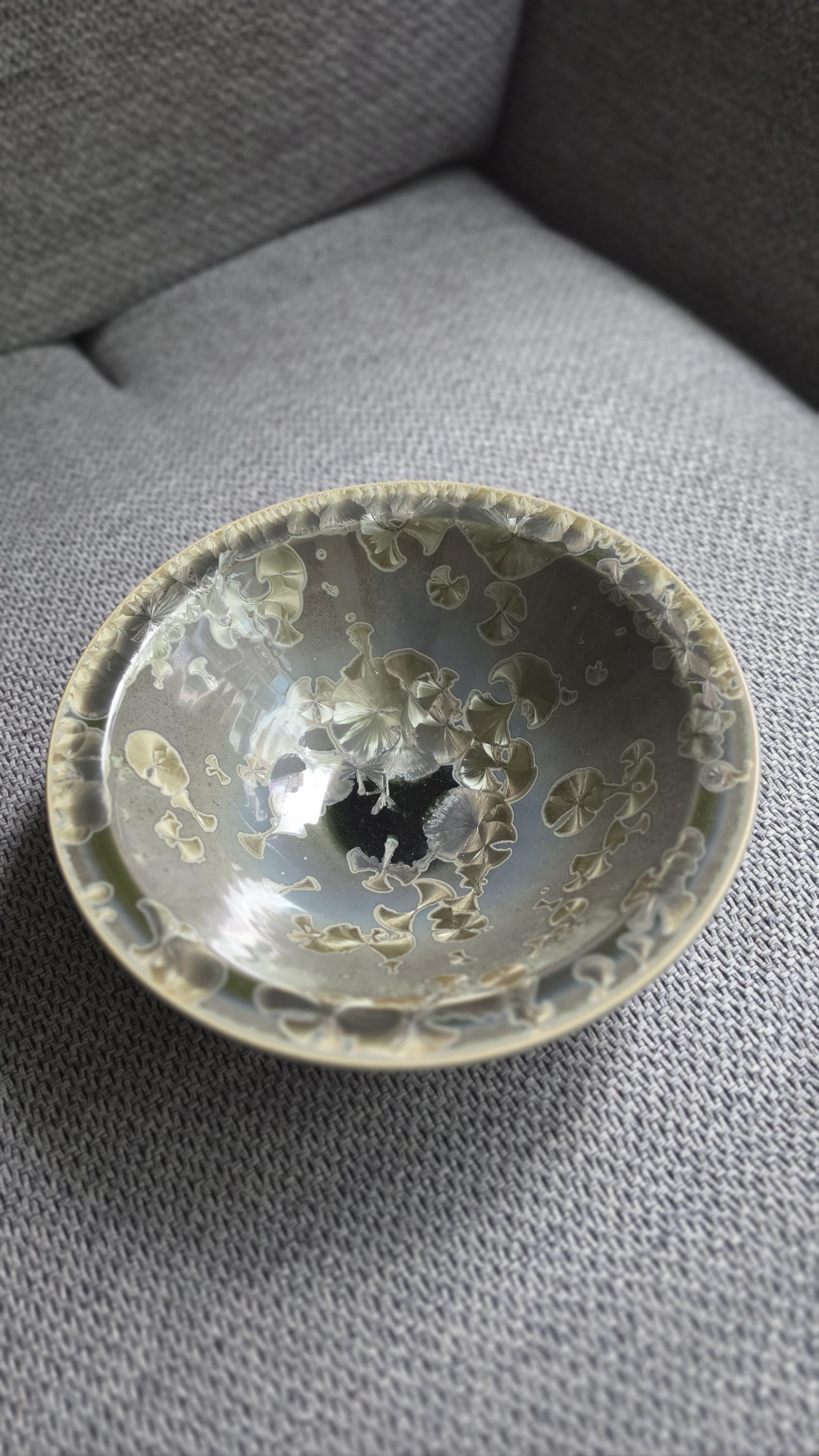 Vintage Crystalline Glaze Studio Pottery Bowl Signed Artist Dish, Mid Century Ceramic Art Bowl Green Drip Glaze Decorative Piece