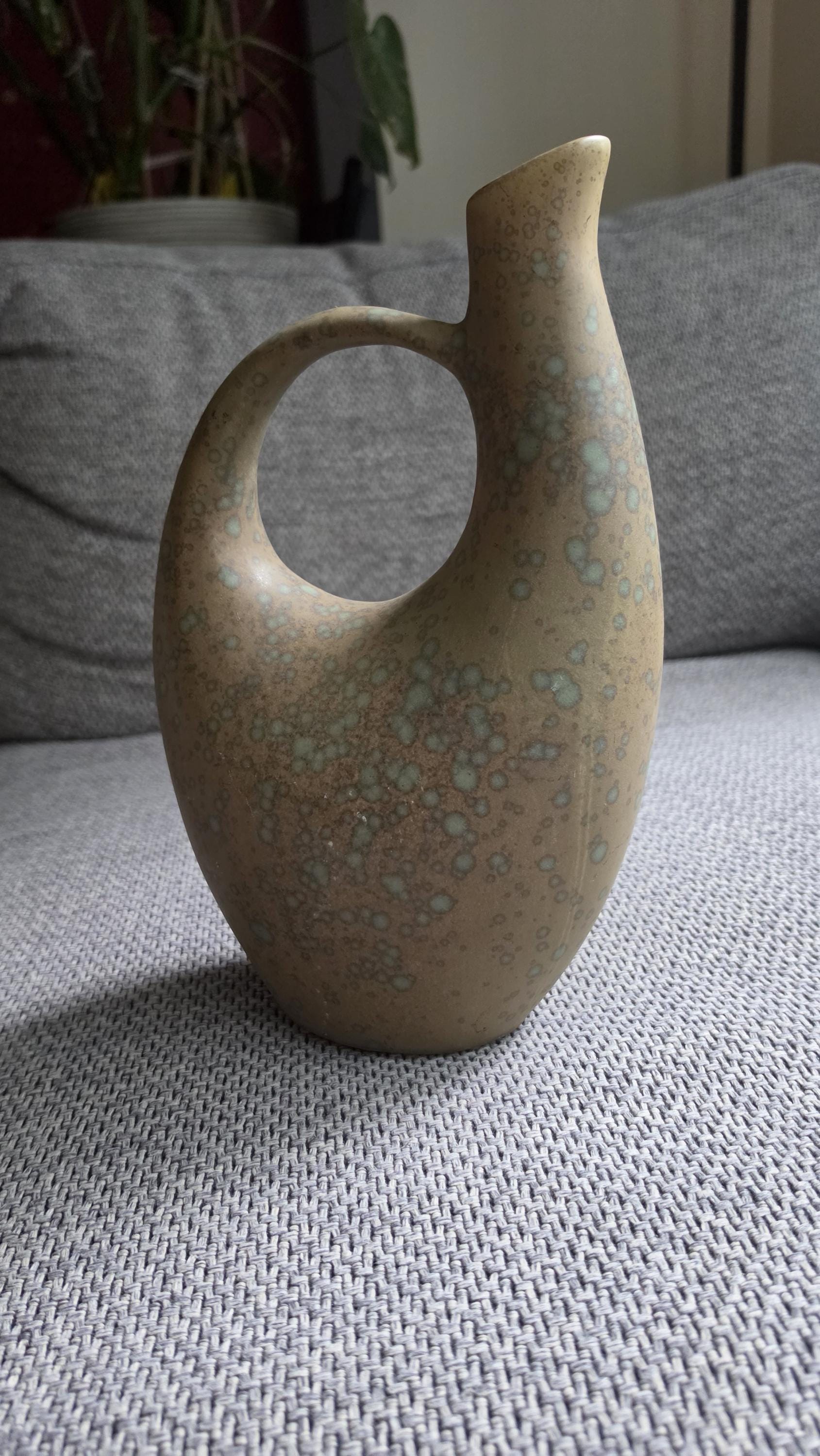 Mid Century Studio Pottery Vase Pitcher, Organic Modern Ceramic Vessel with Handle, Earth Tone Drip Glaze Sculptural Decor