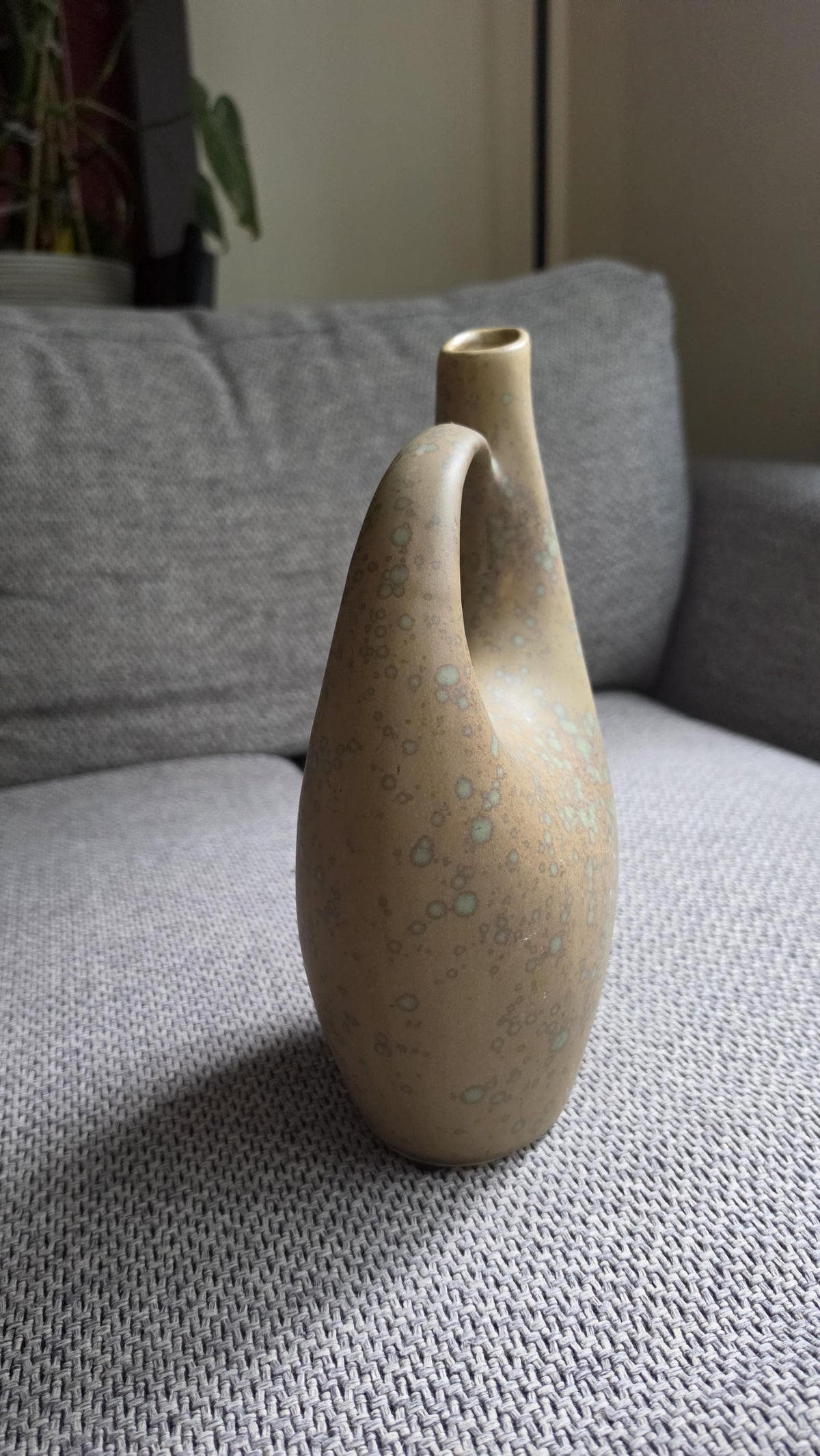 Mid Century Studio Pottery Vase Pitcher, Organic Modern Ceramic Vessel with Handle, Earth Tone Drip Glaze Sculptural Decor