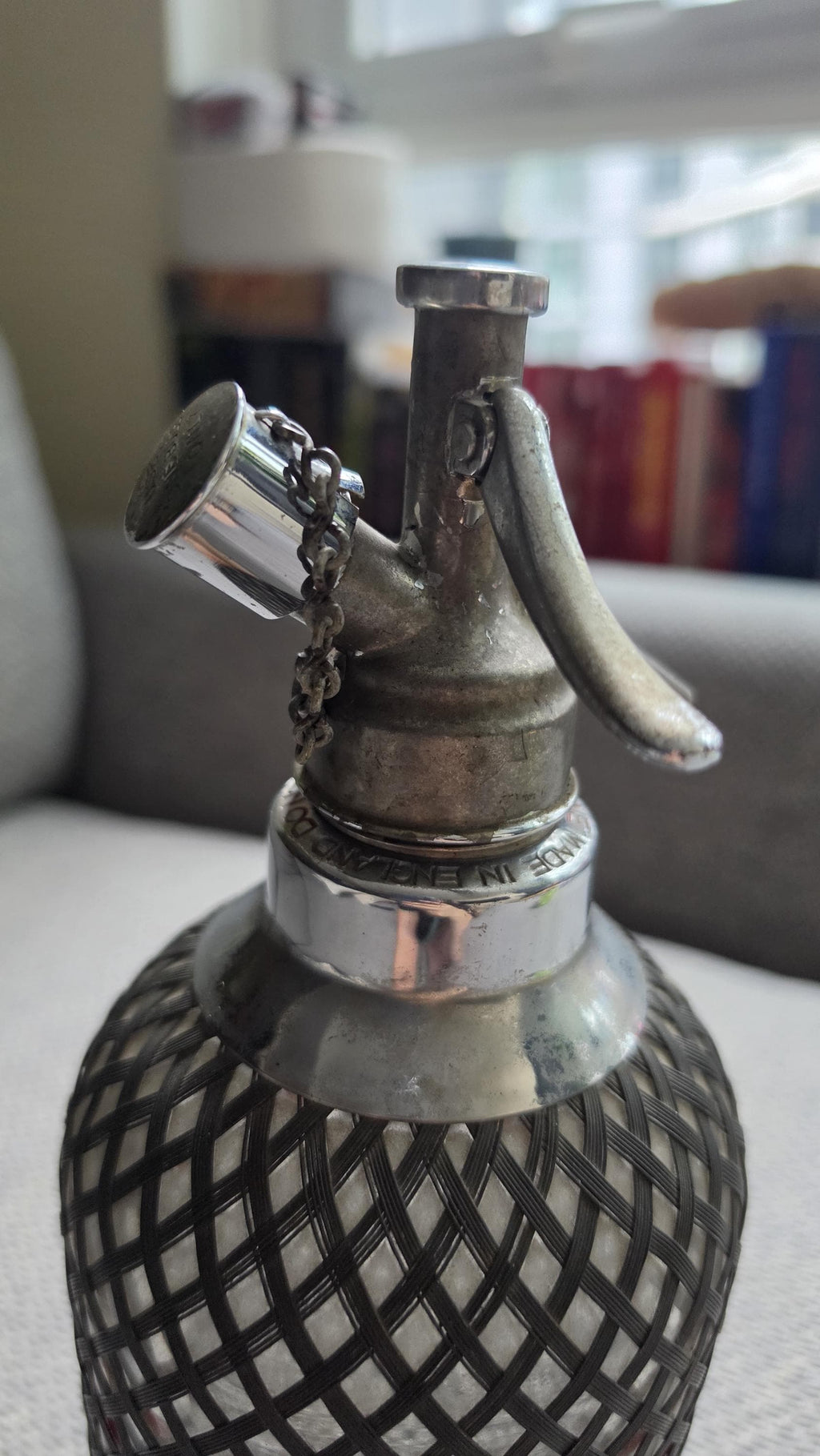 Vintage Soda Siphon Bottle, Mid Century Seltzer Syphon with Metal Mesh Cover, Bar Decor, Industrial Glass Bottle