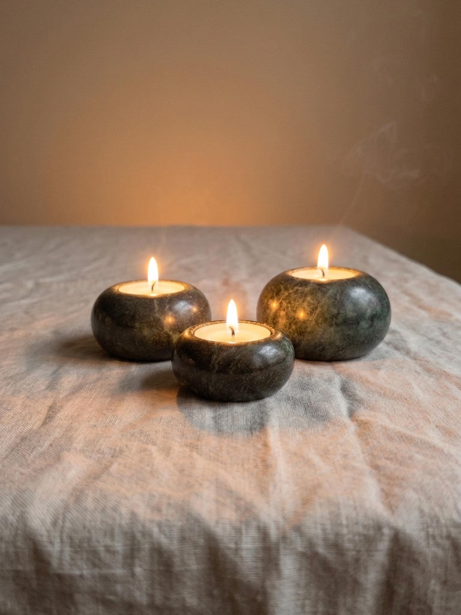 Vintage Set of 3 Green Stone Tealight Holders