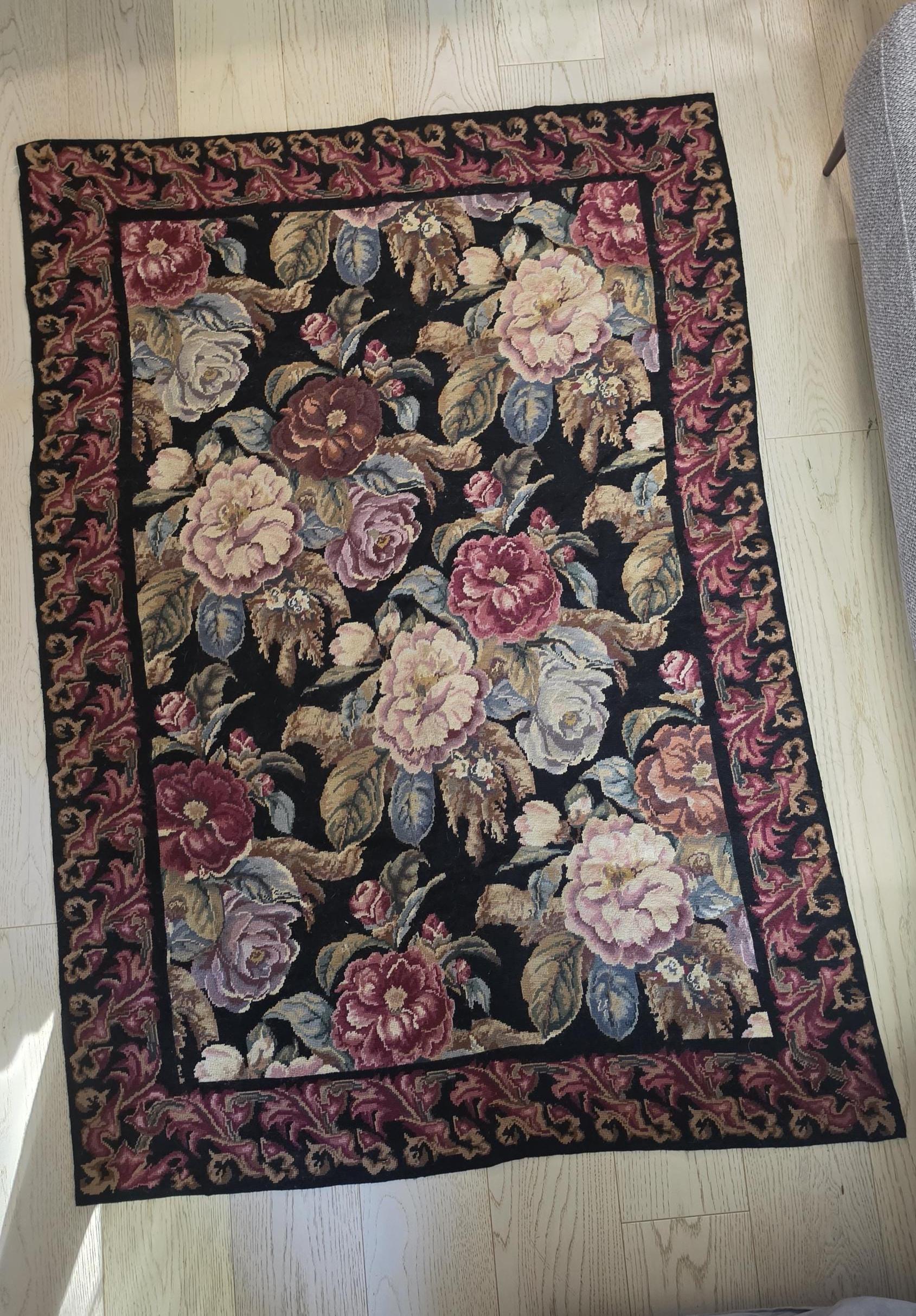 Large Vintage Floral Needlepoint Rug, Rose Tapestry Carpet, Cottagecore Decor, Chateau Style Rug, Traditional Floral Textile