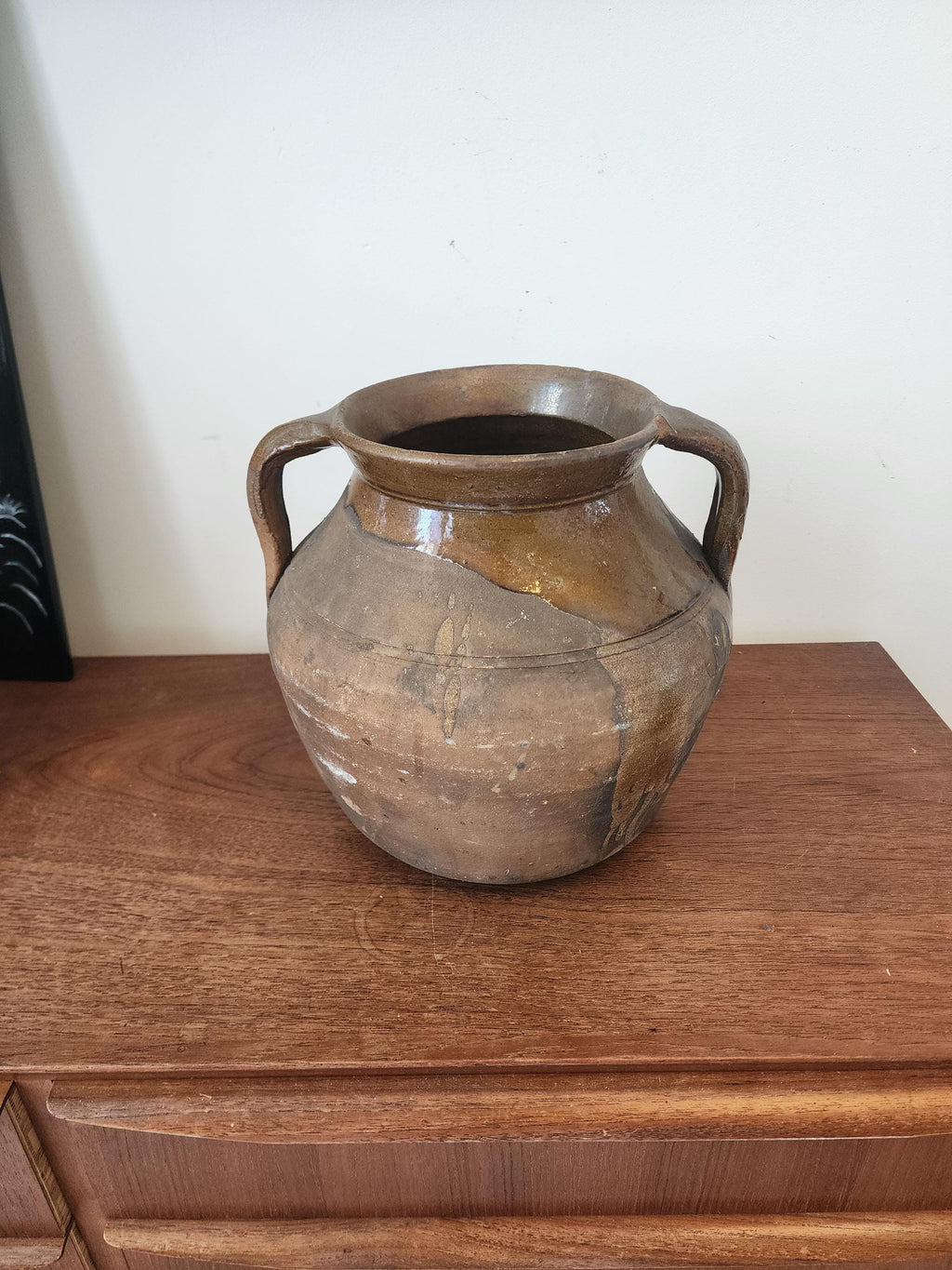 Antique Rustic Terracotta Pot with Handles, European Earthenware Vessel, Wabi Sabi Clay Jar, Primitive Farmhouse Decor, Aged Patina