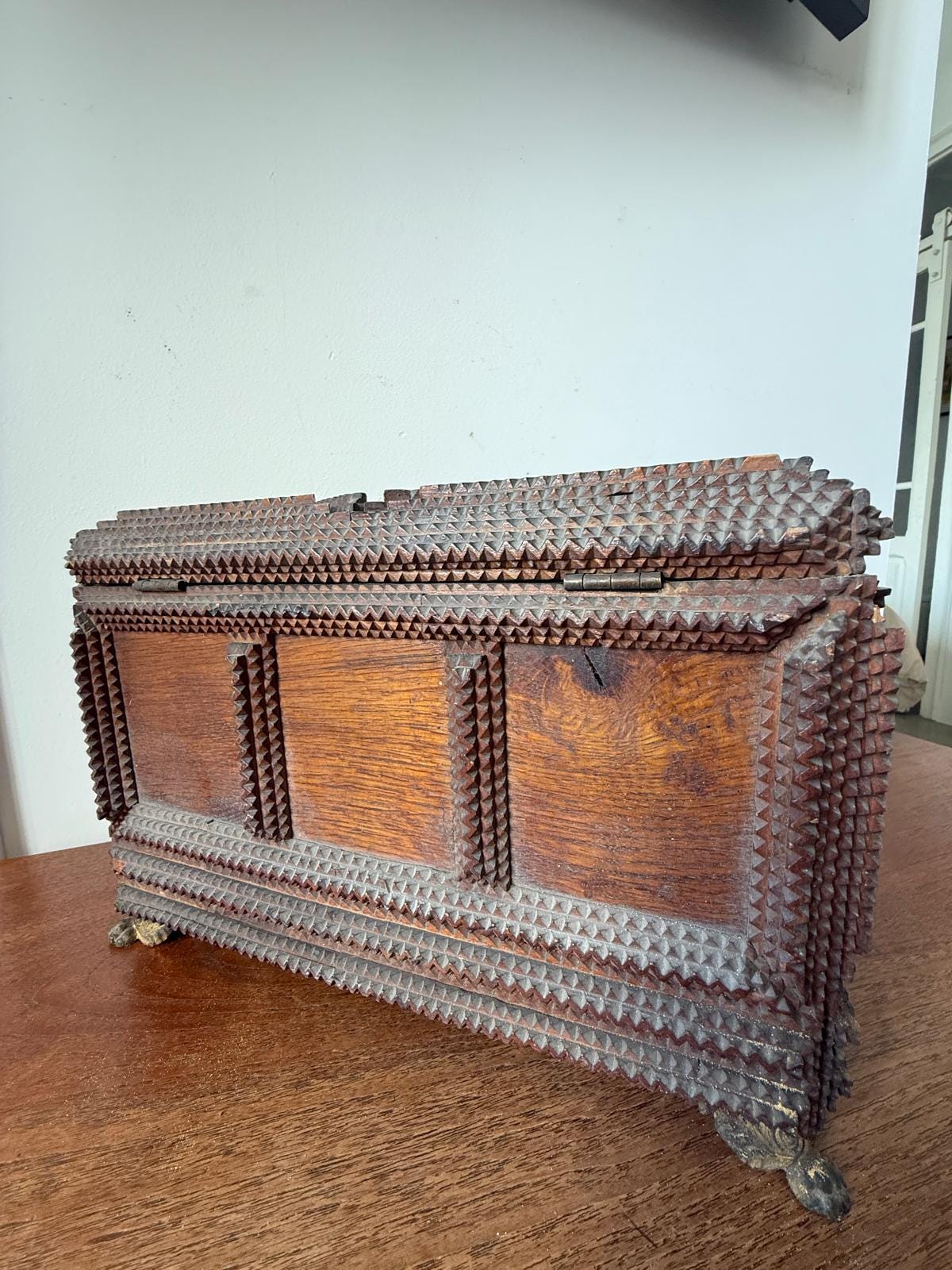 Antique Tramp Art Jewelry Box 1898, Hand Carved Wooden Chest with Mirror, Folk Art Keepsake Box, Victorian Trinket Box, Lion Pull