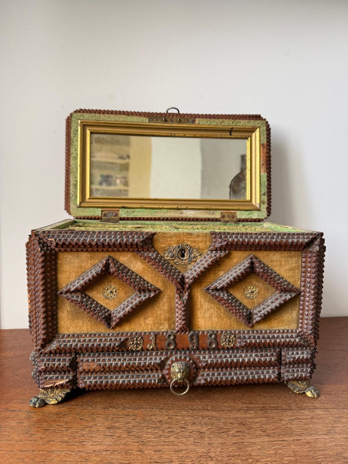 Antique Tramp Art Jewelry Box 1898, Hand Carved Wooden Chest with Mirror, Folk Art Keepsake Box, Victorian Trinket Box, Lion Pull