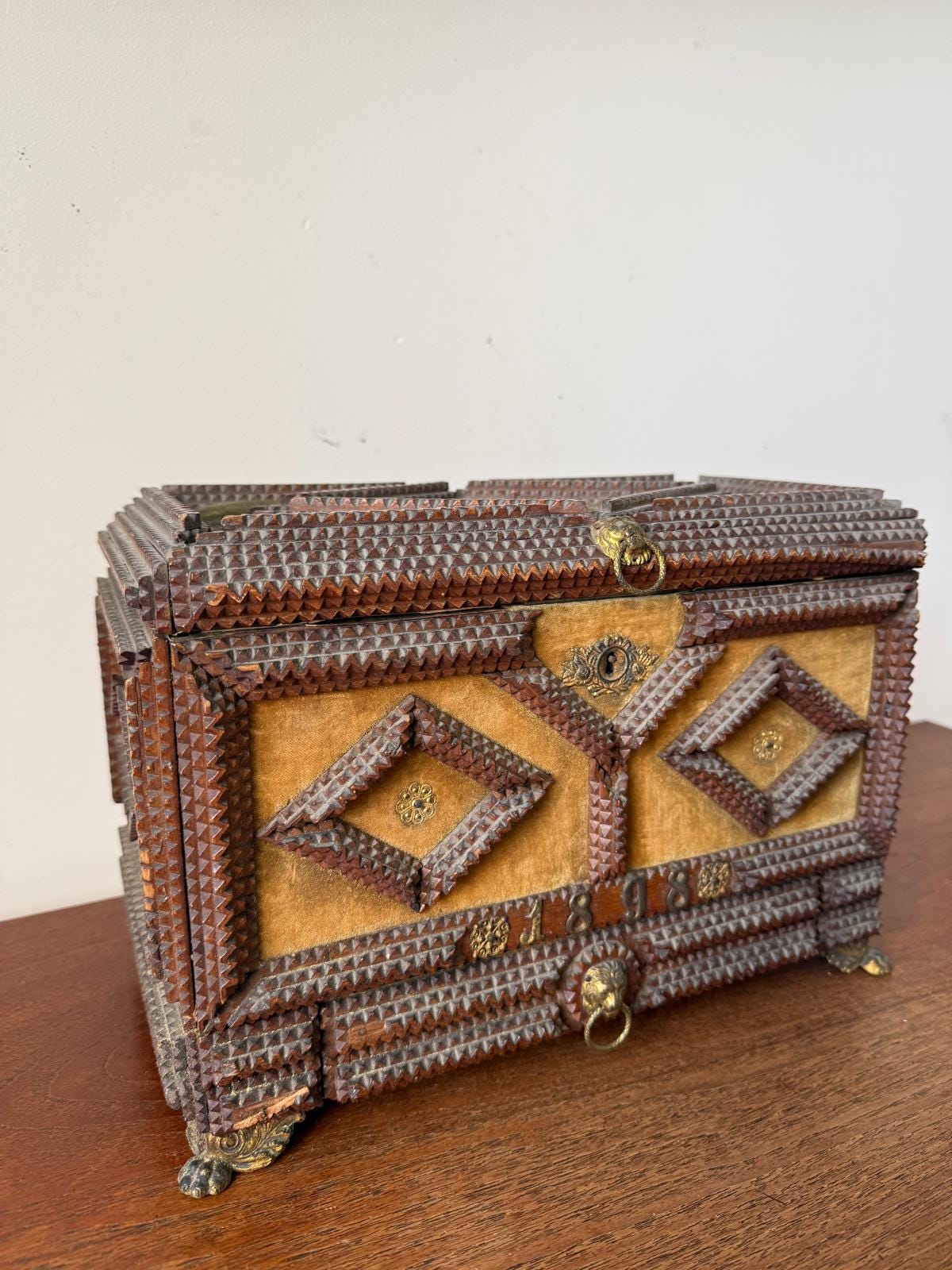Antique Tramp Art Jewelry Box 1898, Hand Carved Wooden Chest with Mirror, Folk Art Keepsake Box, Victorian Trinket Box, Lion Pull
