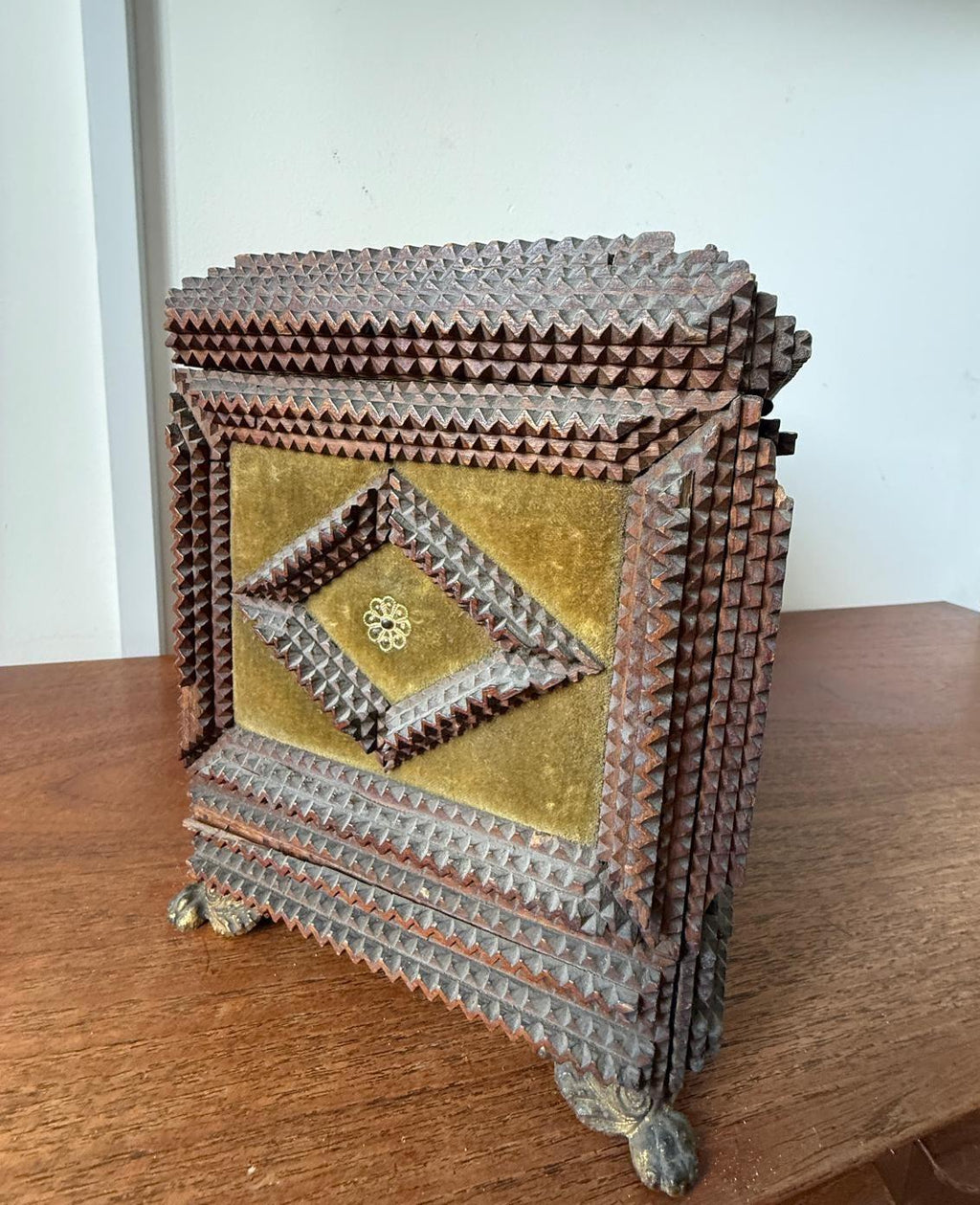 Antique Tramp Art Jewelry Box 1898, Hand Carved Wooden Chest with Mirror, Folk Art Keepsake Box, Victorian Trinket Box, Lion Pull