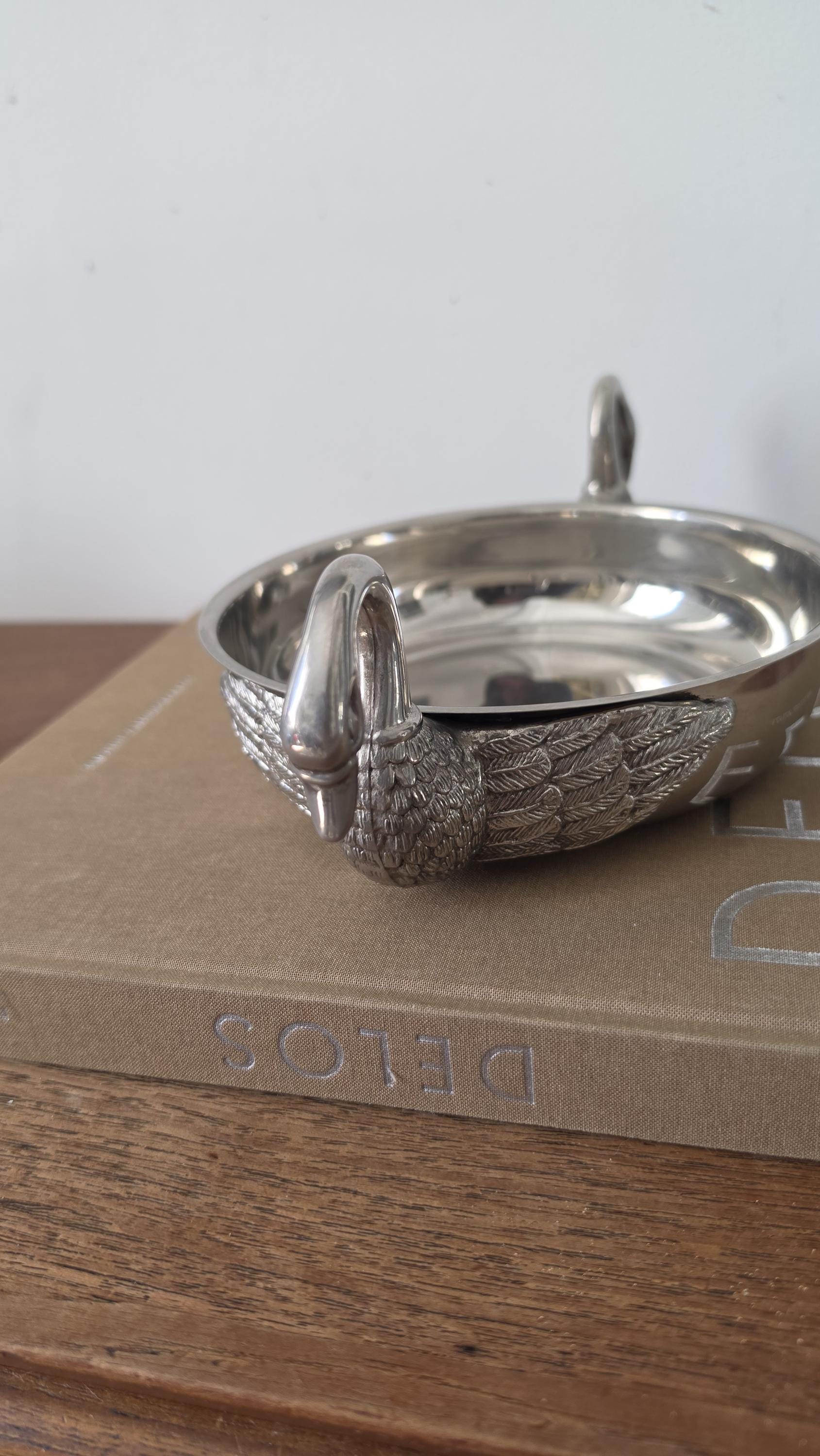 Vintage Silver Plated Swan Handle Bowl, Art Deco Decorative Dish, Hollywood Regency Centerpiece, Elegant Table Decor