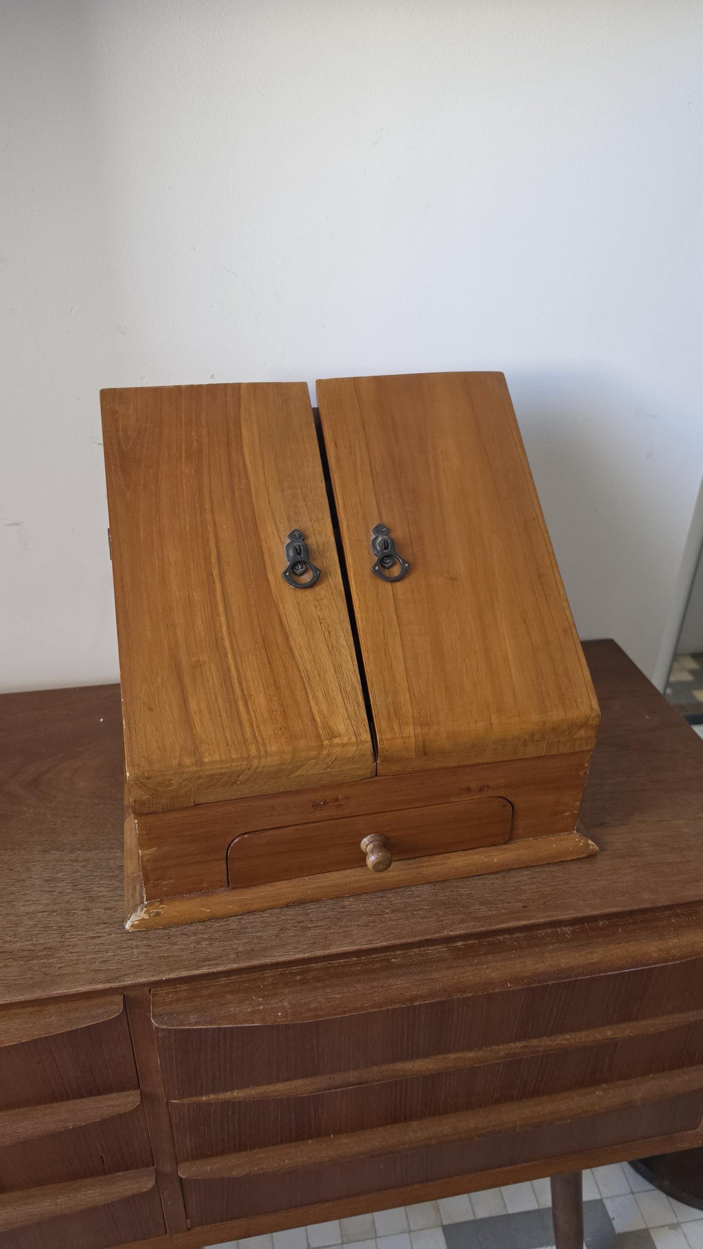 Mid Century Storage Organizer, Vintage Wooden Sewing Box, Letter Holder Desk Box with Drawer, Rustic Wood Craft Storage