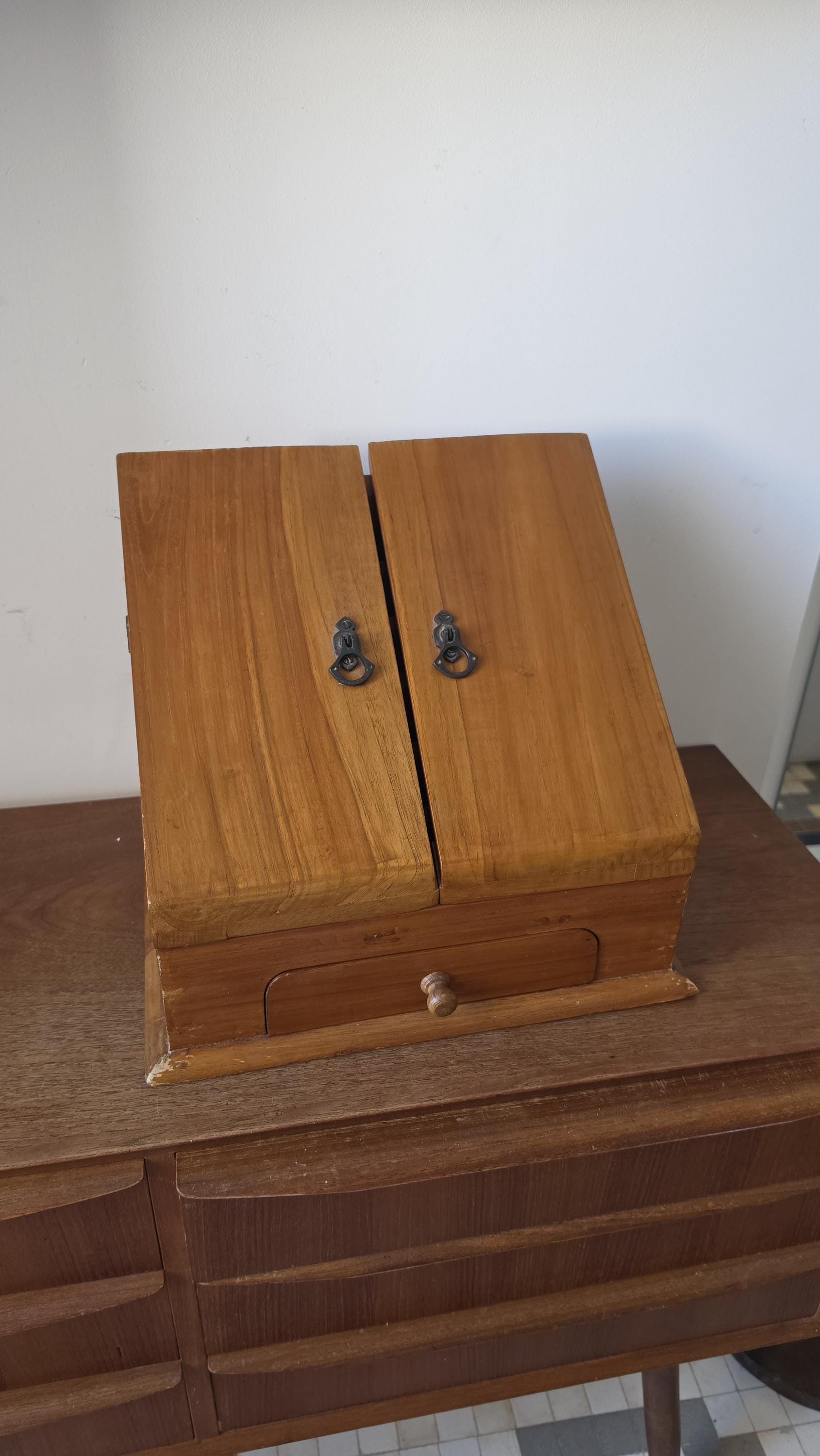 Mid Century Storage Organizer, Vintage Wooden Sewing Box, Letter Holder Desk Box with Drawer, Rustic Wood Craft Storage
