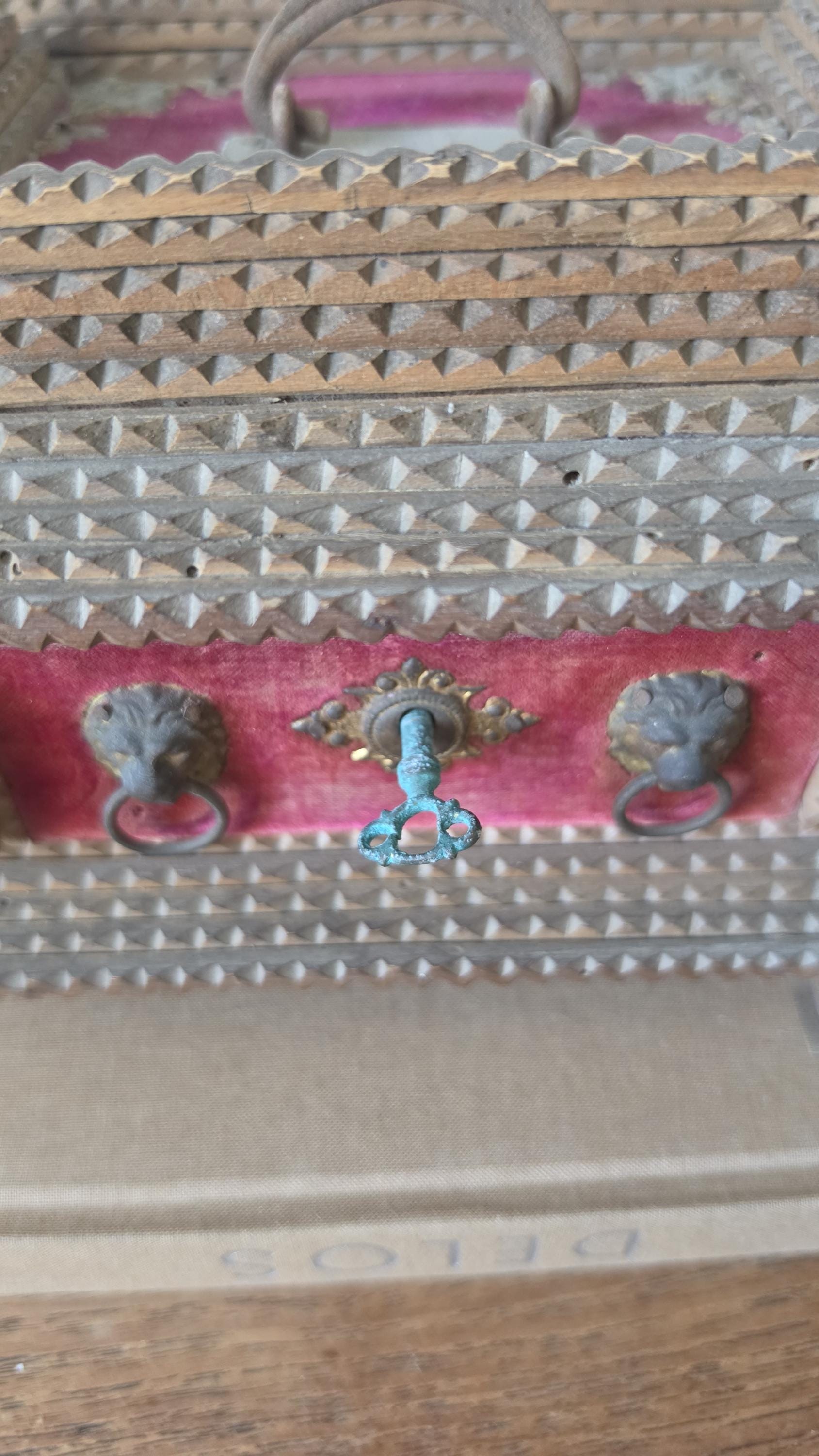 Antique Tramp Art Jewelry Box, Hand Carved Folk Art Wood Box with Velvet Interior Mirror, Primitive Storage Chest